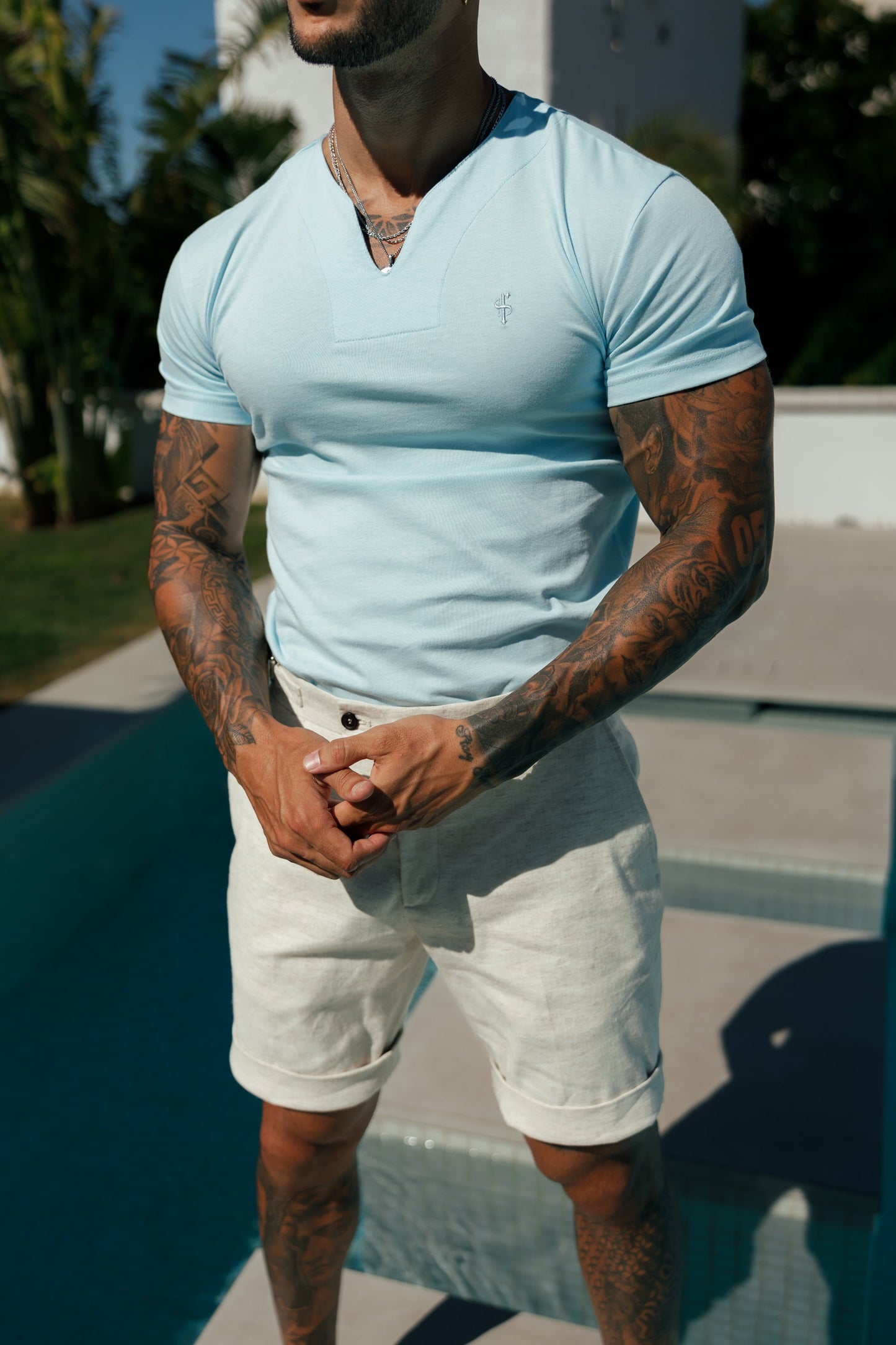 Elevate Your Style: Father Sons Light Blue Advanced V Neck Crew Short Sleeve Tee - FSH1015