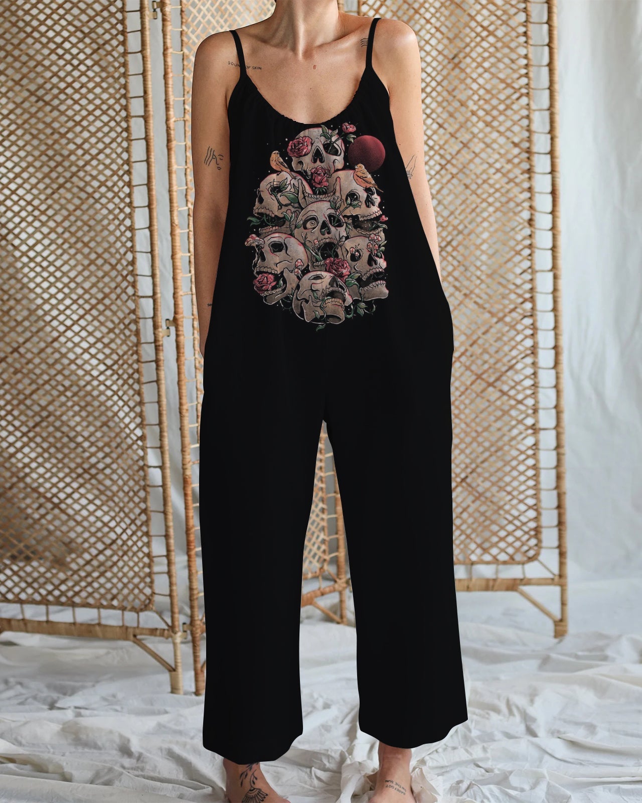 Women's Floral Skull Print Cotton and Linen Wide Leg Strap Jumpsuit