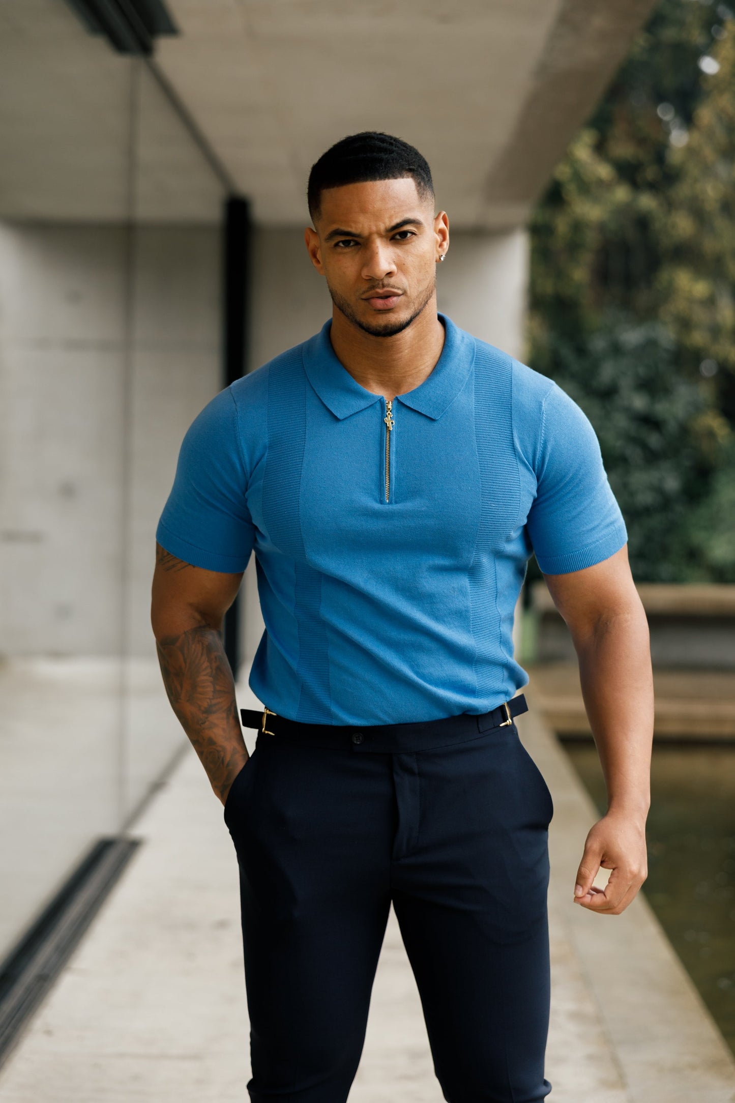Elevate Your Style with the Father Sons Classic Mid Blue & Gold Short Sleeve Zip Polo Shirt - FSN134