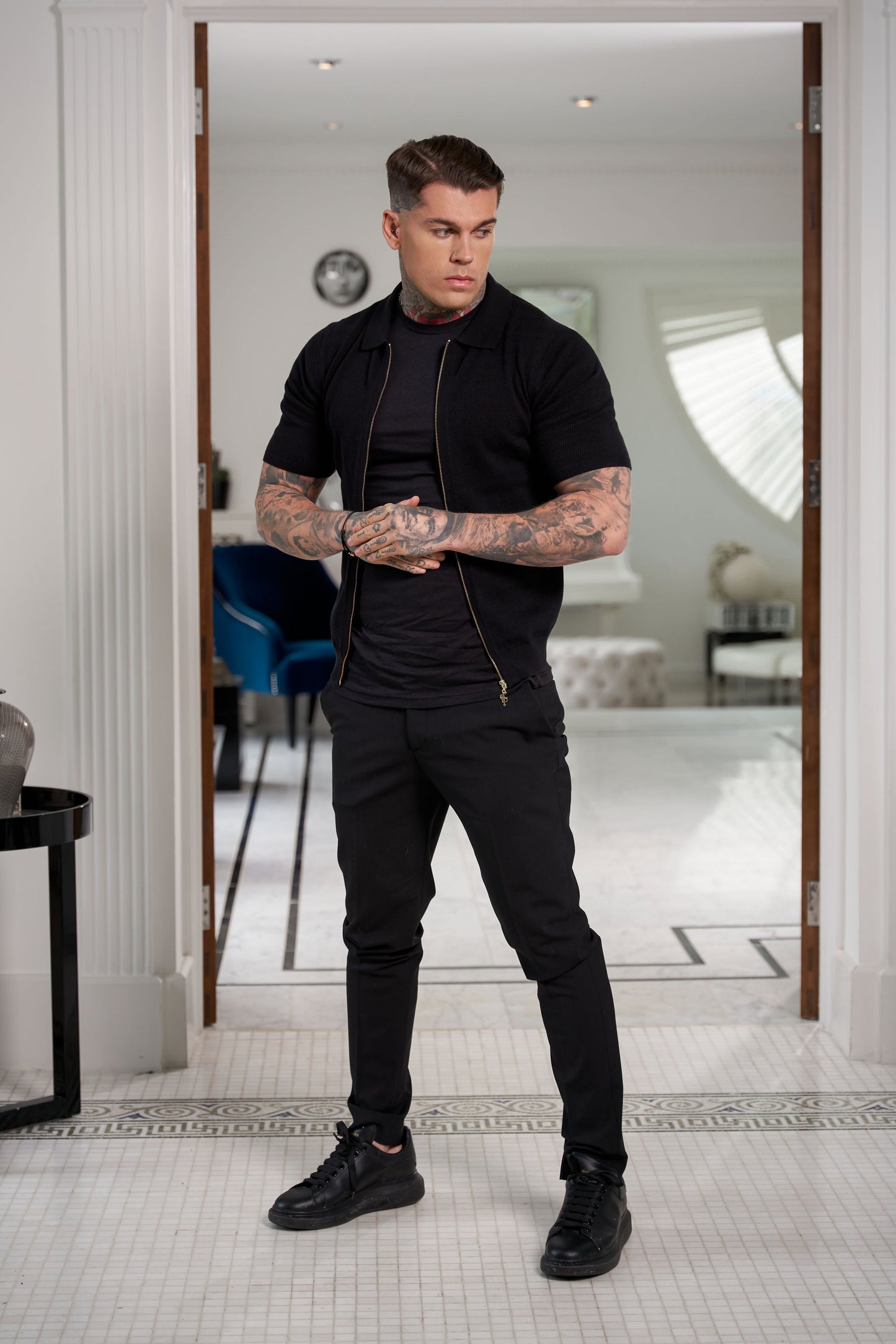 Stylish Black Short Sleeve Zip-Up Knit Sweater with Classic Textured Design - Father Sons Collection - FSN151