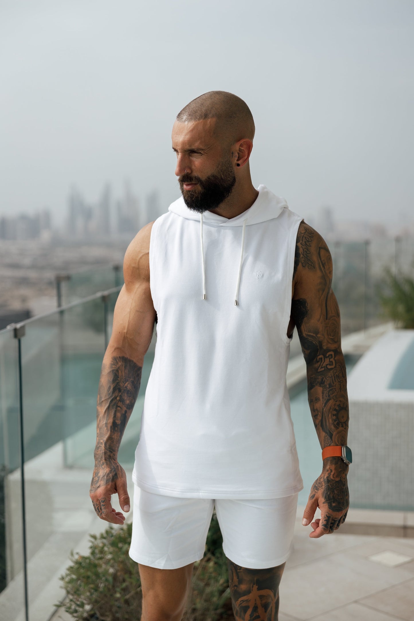 Elevate Your Workout with the Father Sons Sleek Sleeveless White Gym Hoodie - FSH897