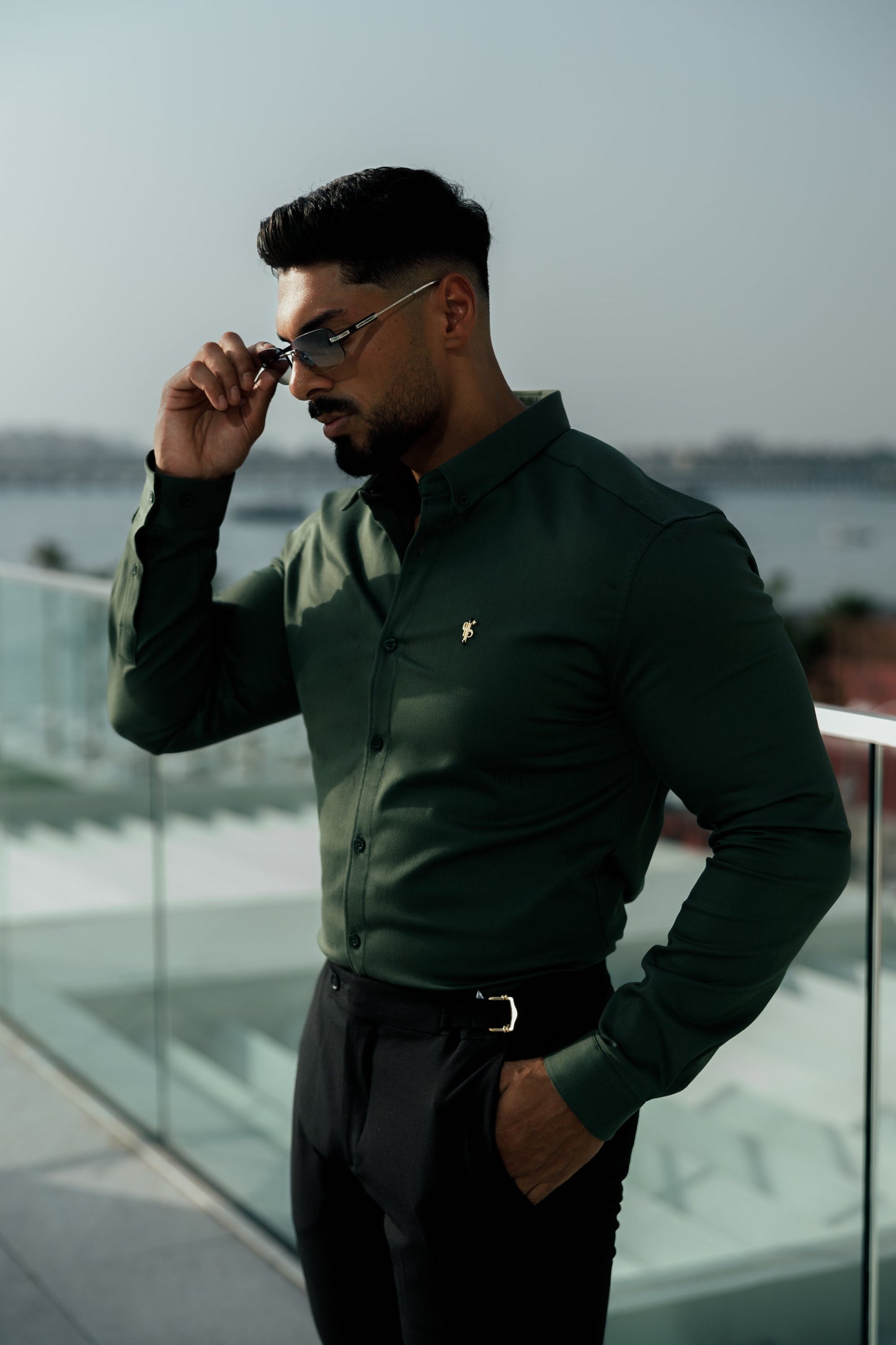 Elevate Your Style with Father Sons Super Slim Stretch Khaki Denim Long Sleeve Shirt Featuring Gold Metal Accent and Button Down Collar - FS1044