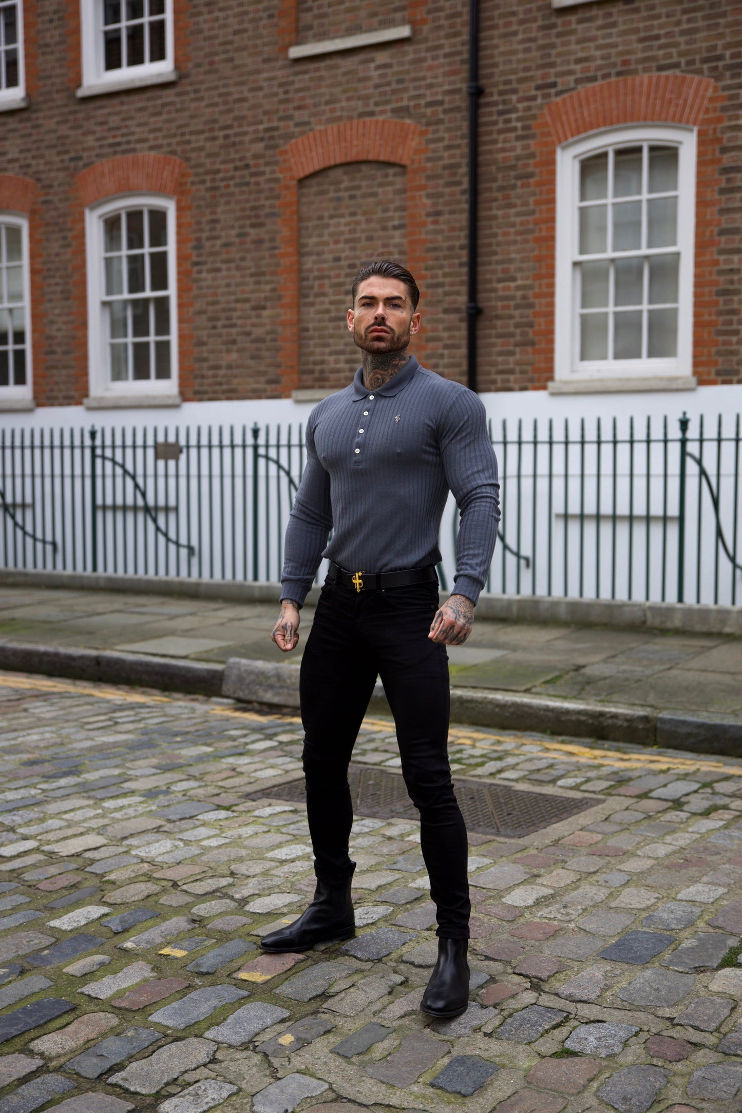 Elevate Your Style: Classic Charcoal Long Sleeve Ribbed Polo Shirt with Silver Accents by Father Sons - FSH971