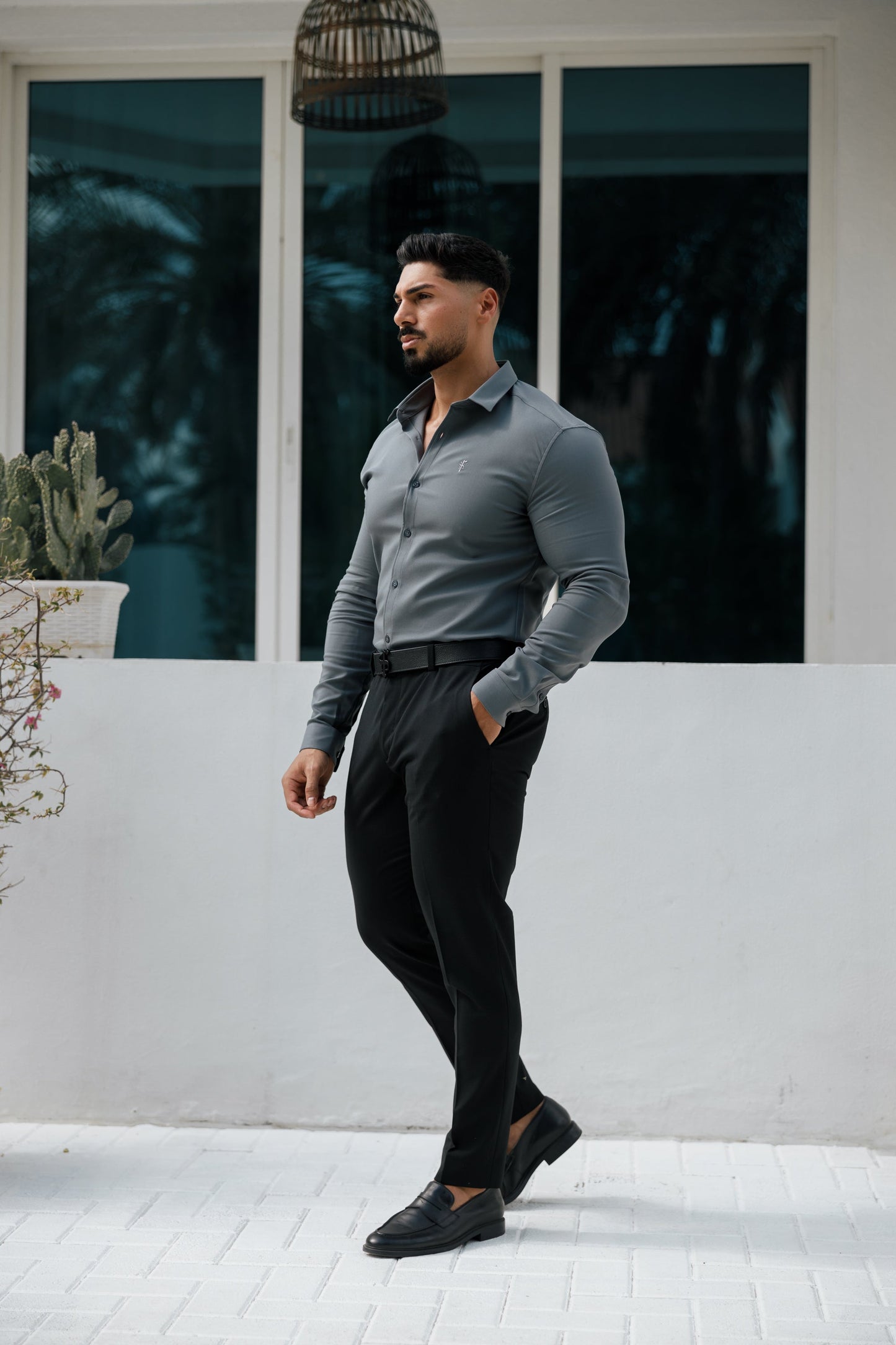 Elevate Your Style with Father Sons Super Slim Gunmetal Stretch Long Sleeve Scuba Shirt - FS1033