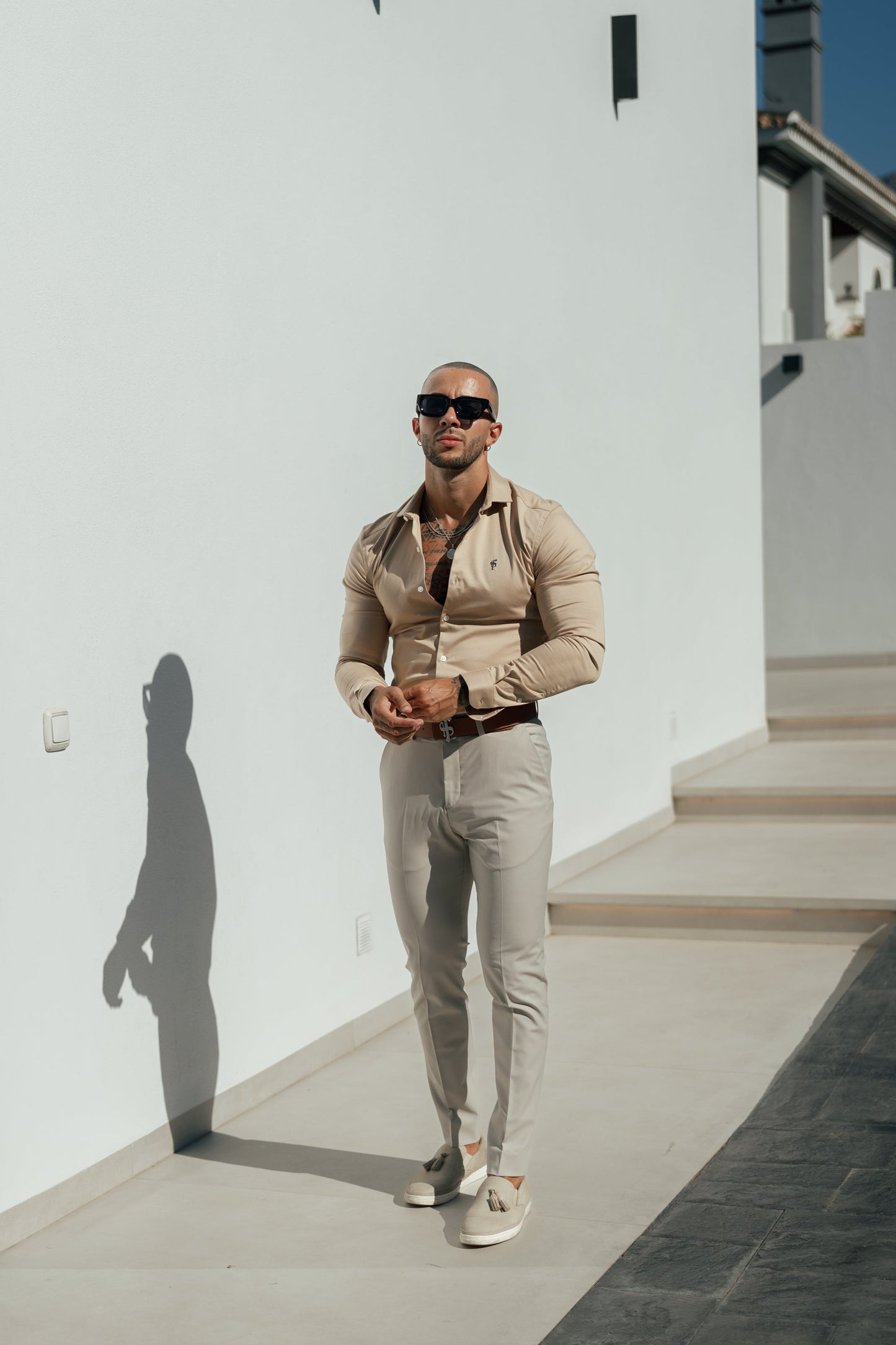 Elevate Your Wardrobe with the Father Sons Super Slim Stretch Vintage Beige Side Panel Long Sleeve Shirt - FS1089