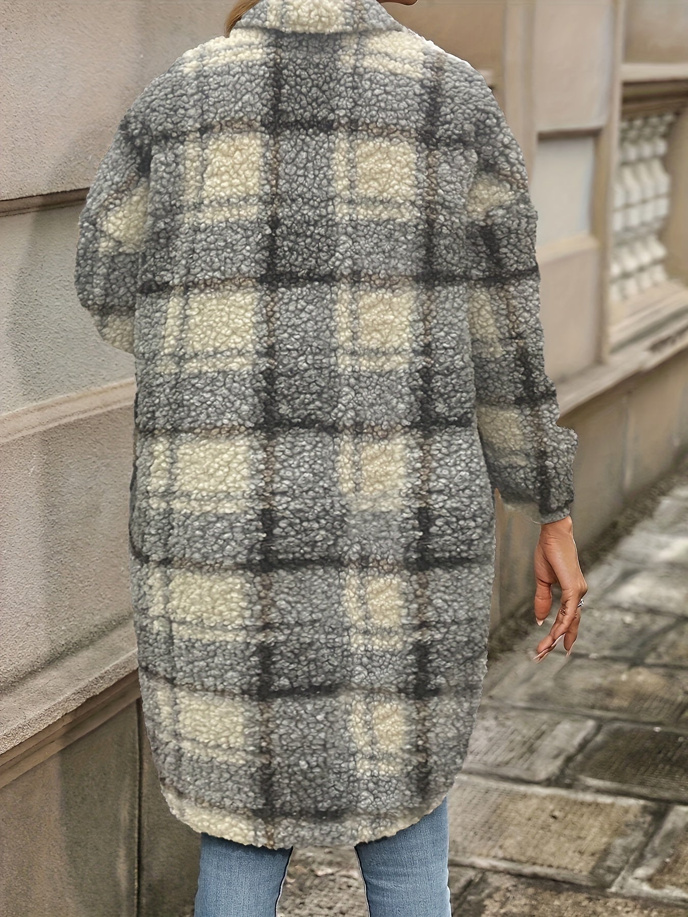 Long Sleeve Plaid Fuzzy Lapel Collar Jacket m for Fall & Winter - Machine Washable Polyester Coat for Women