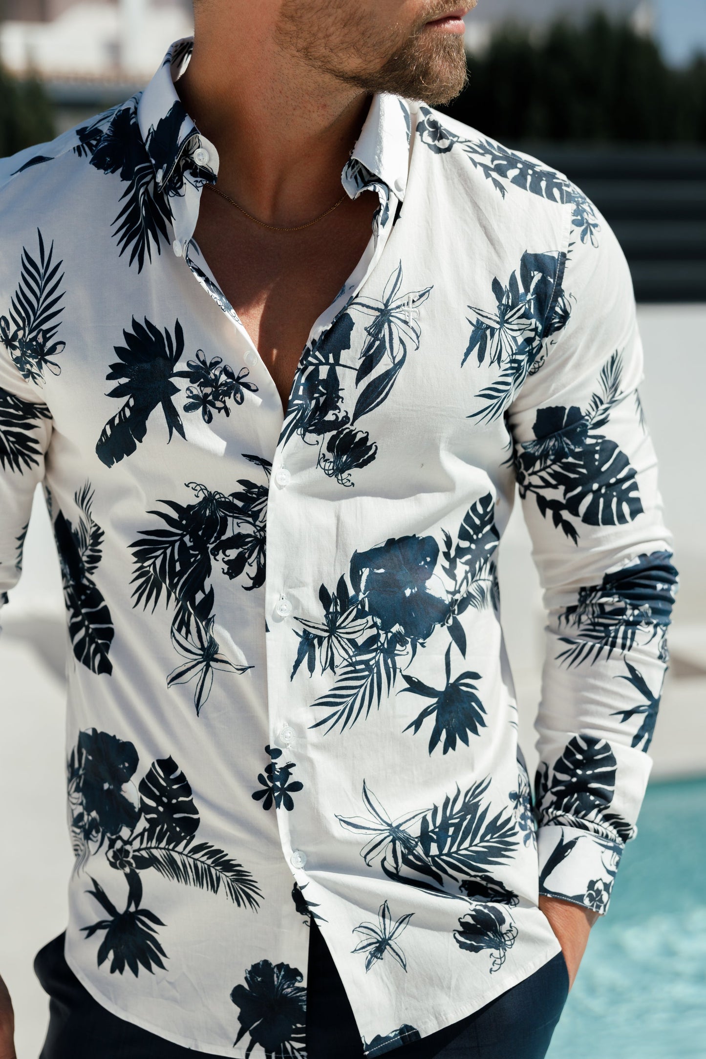 Essential Stretch Long Sleeve Button-Down Shirt in White with Ink Print - FS1100