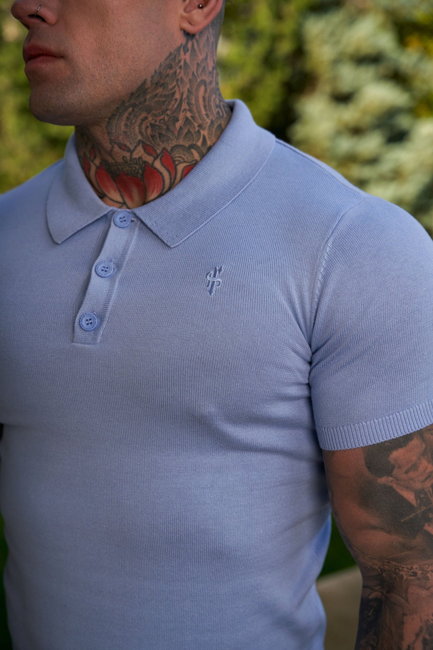 Elevate Your Wardrobe with the Father Sons Classic Pale Blue Short Sleeve Knitted Polo Jumper Featuring Elegant Tonal FS Embroidery - FSN146