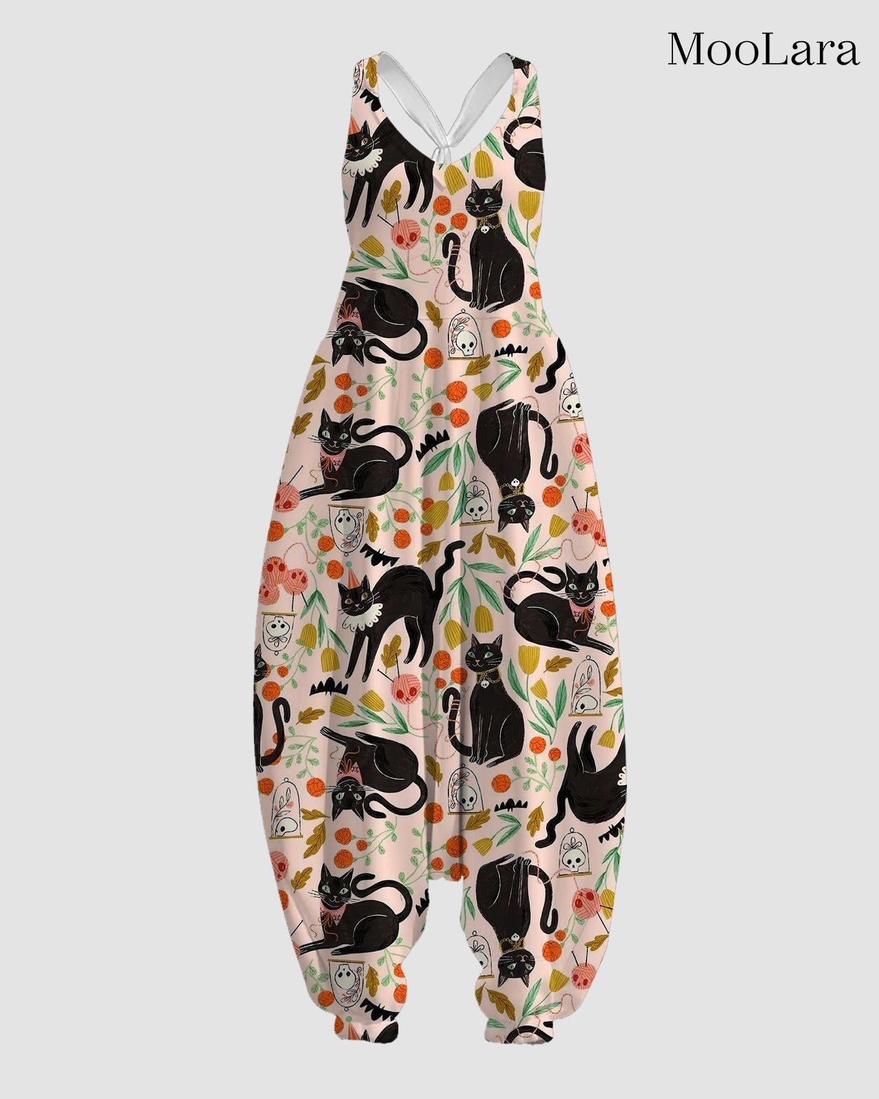 Women's Creepy Cats Print Sleeveless Jumpsuit Harem Pants
