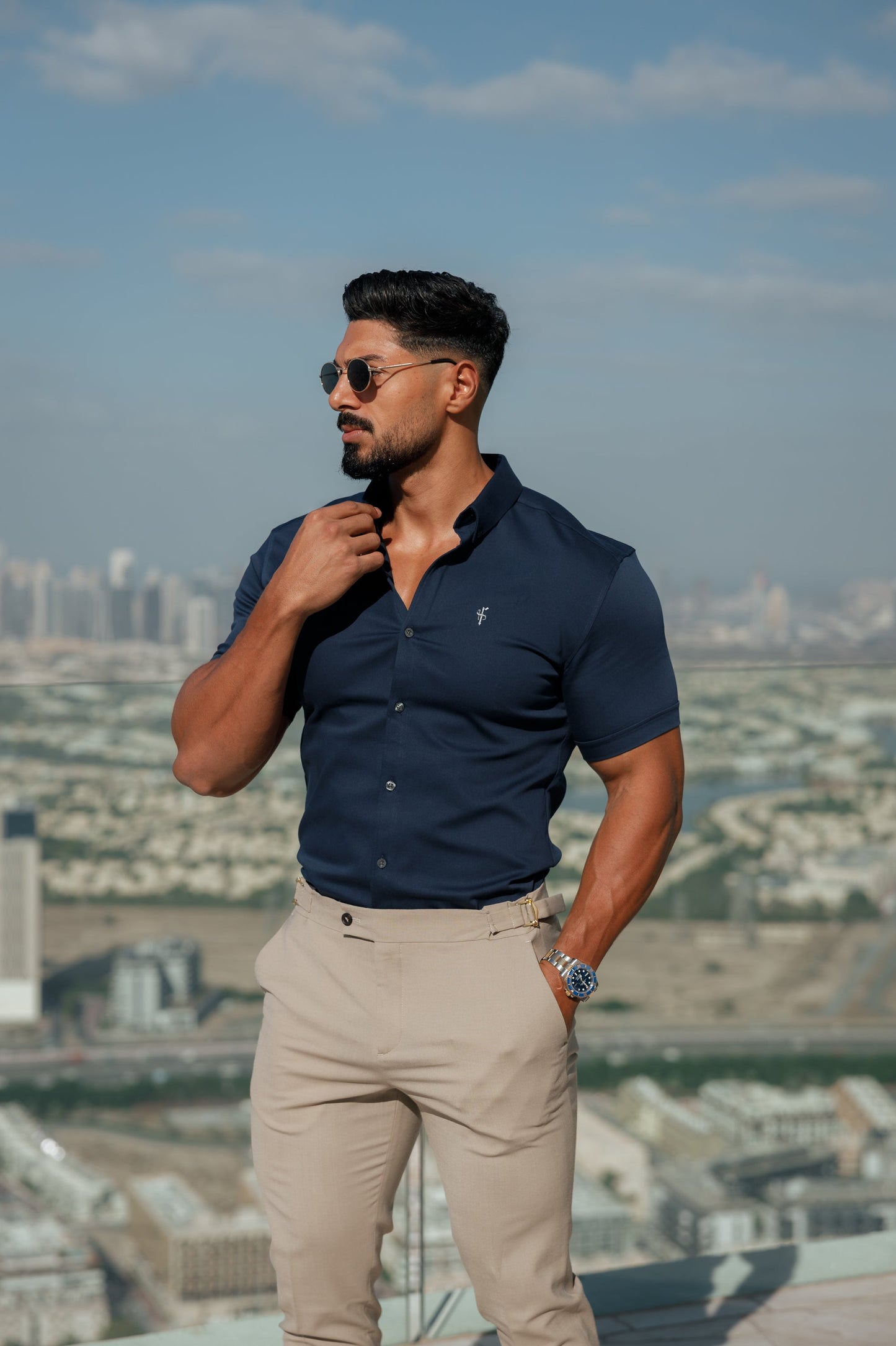 Father Sons Tailored Fit Stretch Navy Denim Short Sleeve Shirt with Stylish Button Down Collar - FS1019