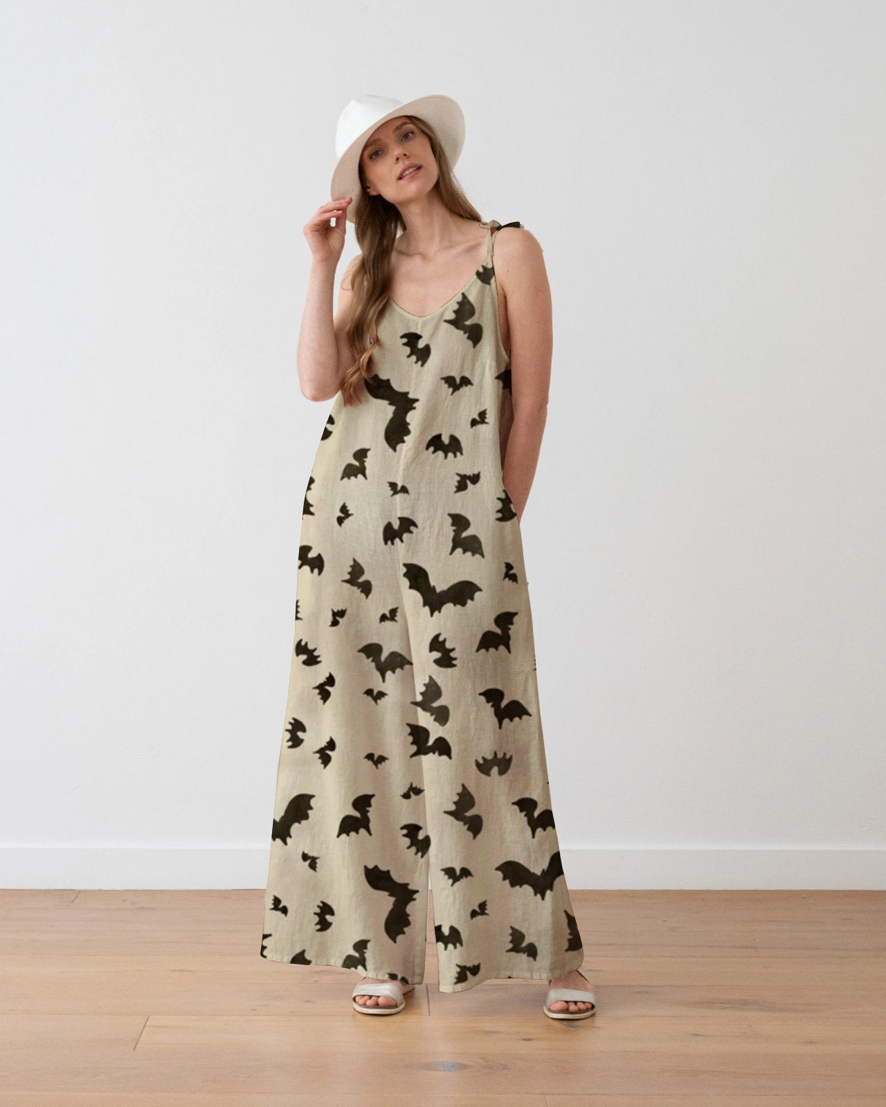 Women's Bat Print Loose Fit Cotton and Linen Jumpsuit