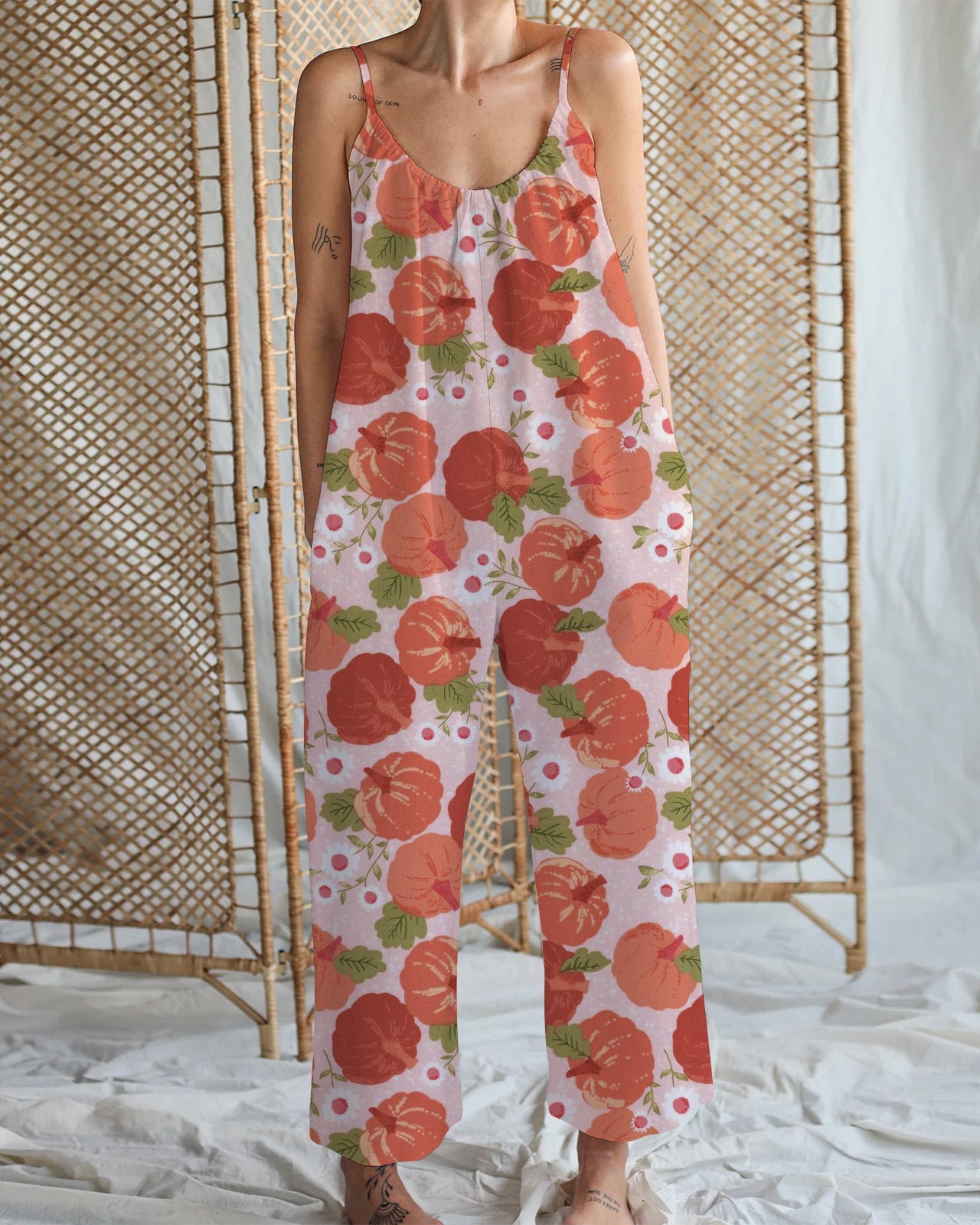 Women's Red Pumpkin with Flower Print Cotton and Linen Wide Leg Strap Jumpsuit