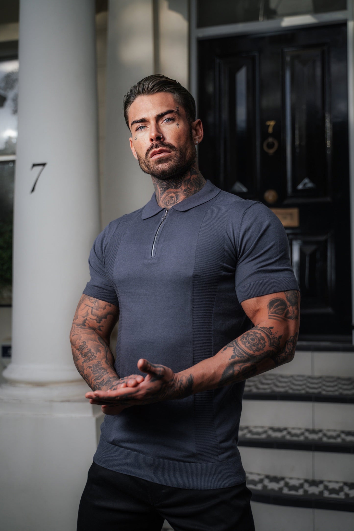 Elevate Your Style with the Father Sons Classic Short Sleeve Zip Polo in Gunmetal and Silver - FSN133