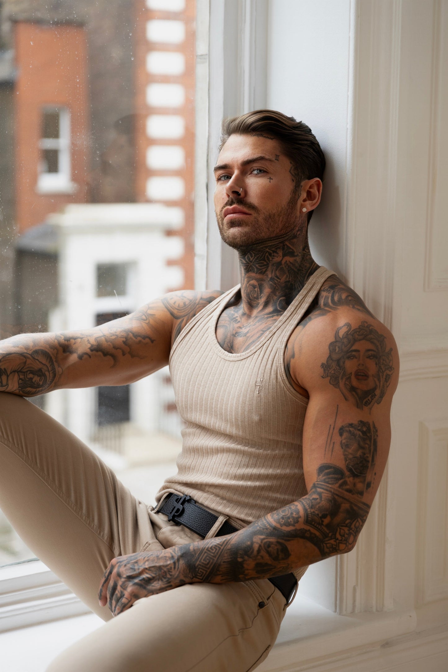 Elevate Your Style with the Father Sons Classic Beige Ribbed Knit Super Slim Fit Vest - FSH414