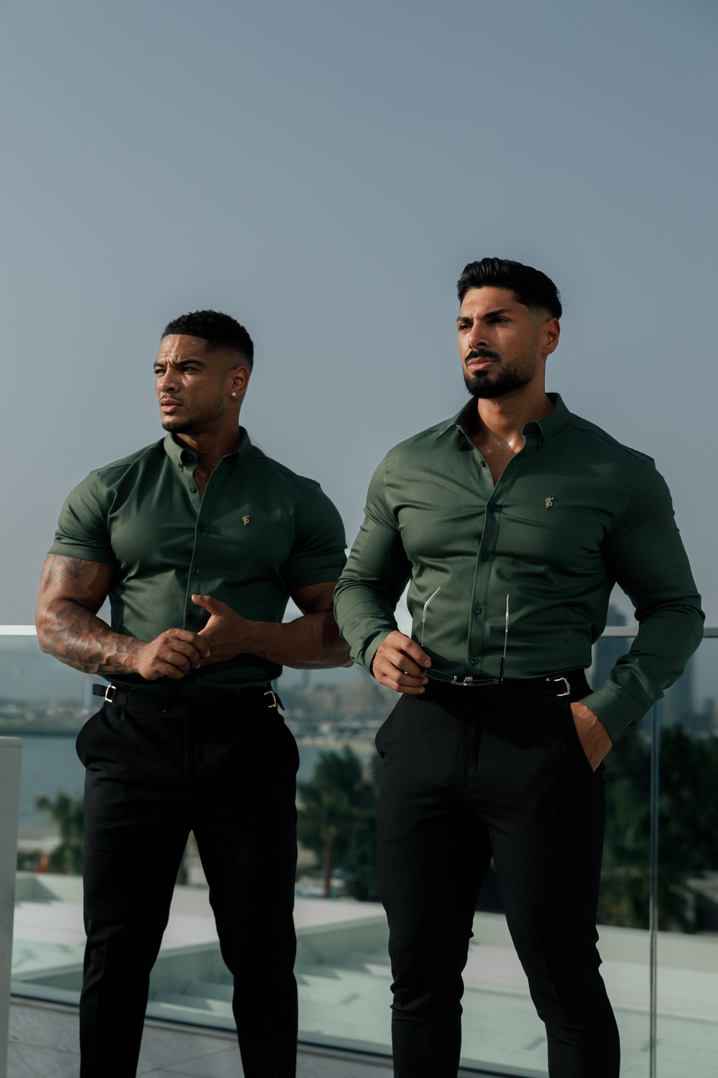 Elevate Your Style with Father Sons Super Slim Stretch Khaki Denim Long Sleeve Shirt Featuring Gold Metal Accent and Button Down Collar - FS1044