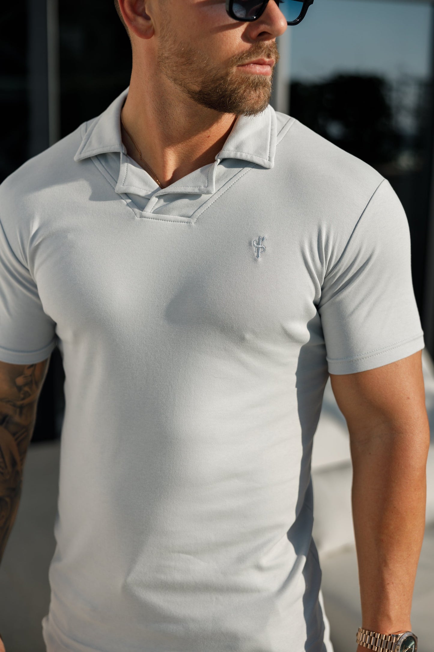 Elegant Light Grey Polo Shirt with Revere Collar by Father Sons - FSH1063