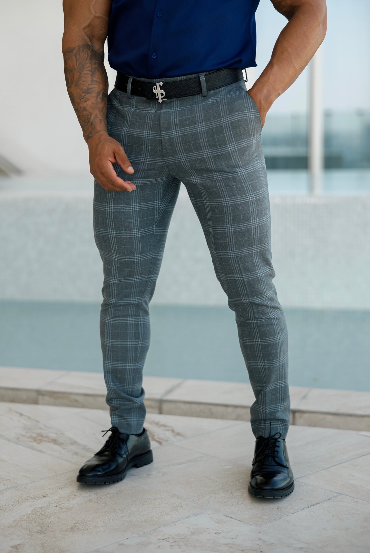 Elevate Your Style with Father Sons Slim Fit Silver Grey Check Stretch Trousers - FST005