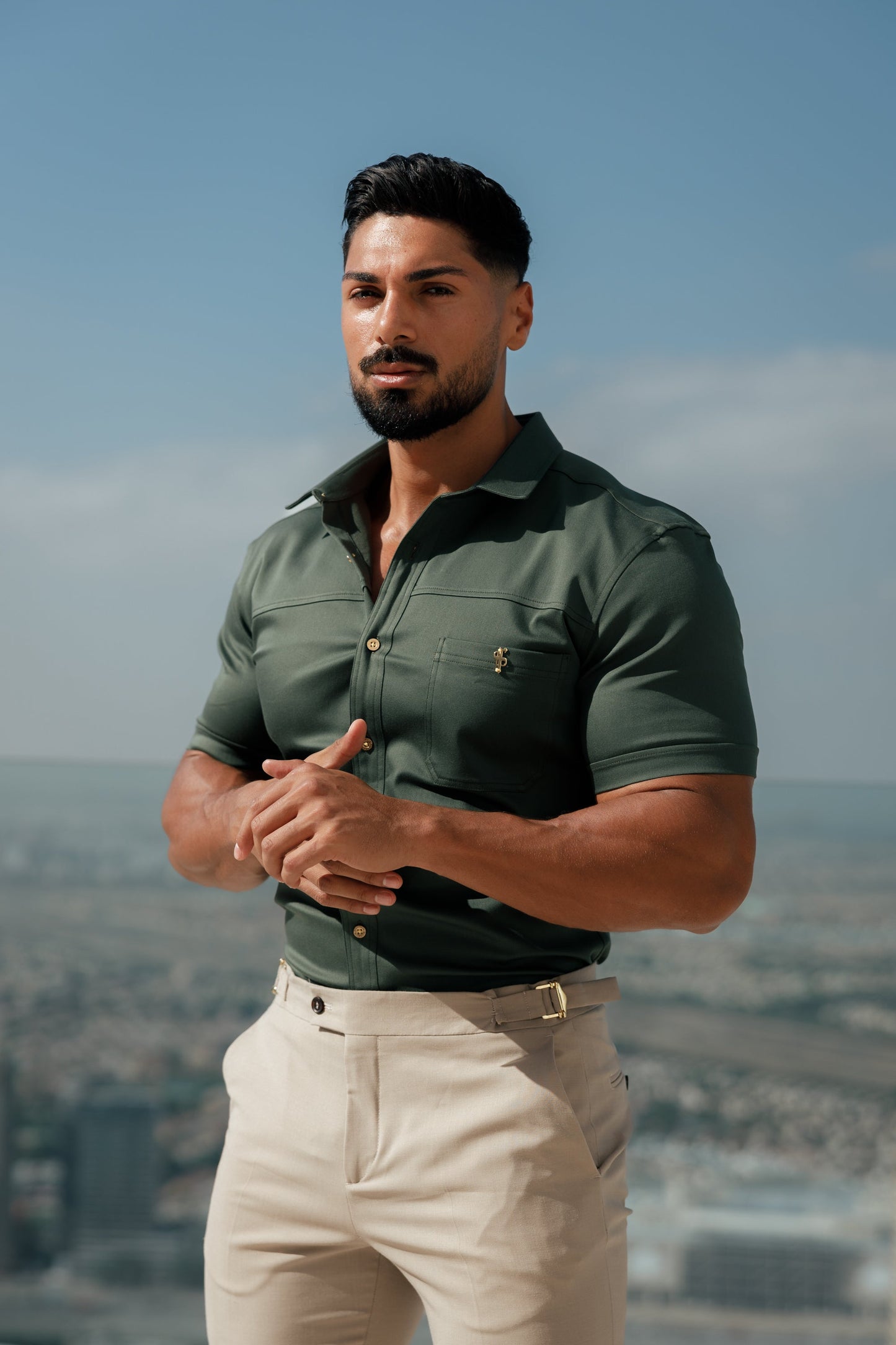 Elevate Your Style: Father Sons Super Slim Stretch Khaki Denim Short Sleeve Shirt with Trendy Horizontal Seam and Pocket - FS958