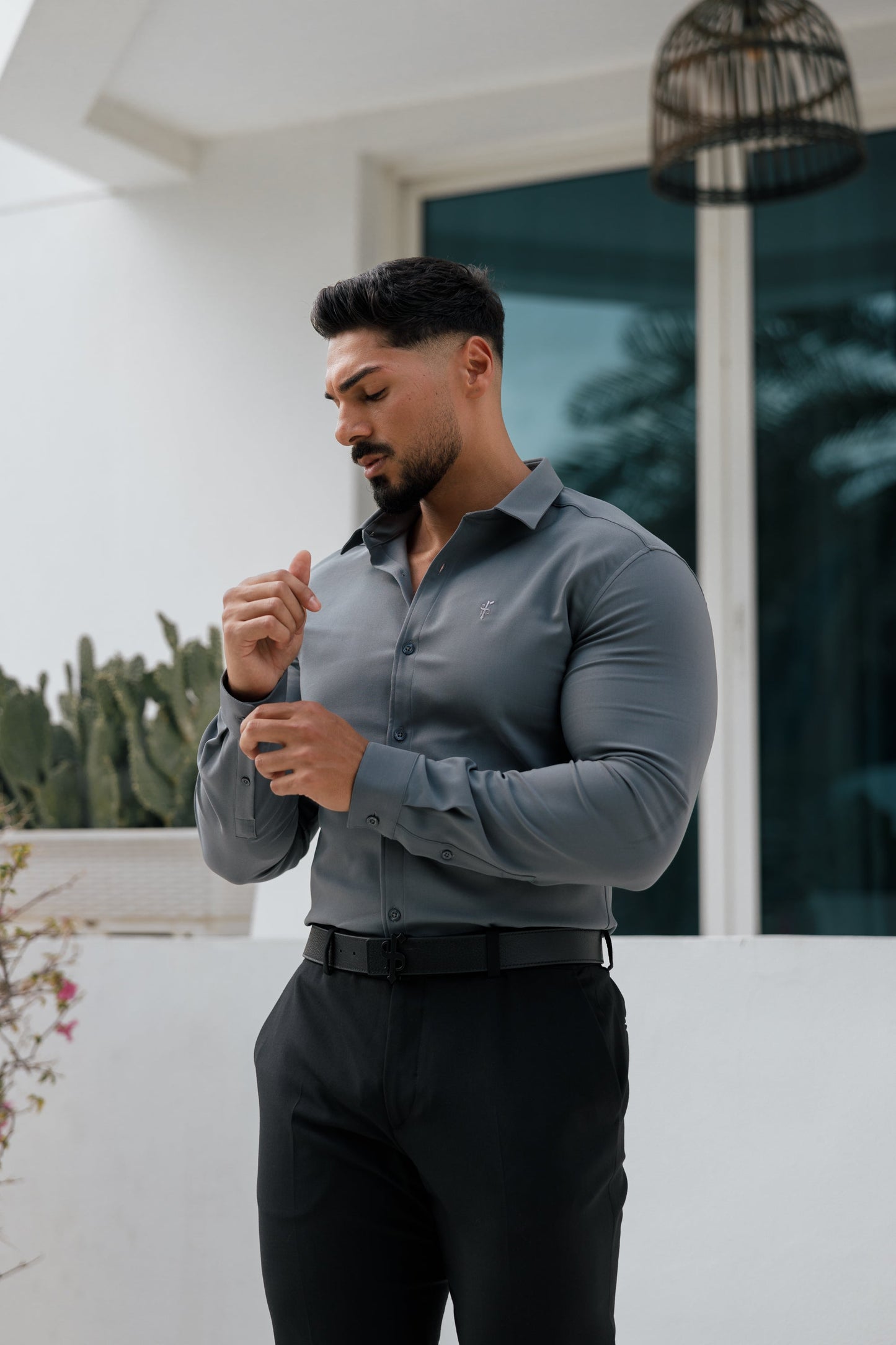 Elevate Your Style with Father Sons Super Slim Gunmetal Stretch Long Sleeve Scuba Shirt - FS1033