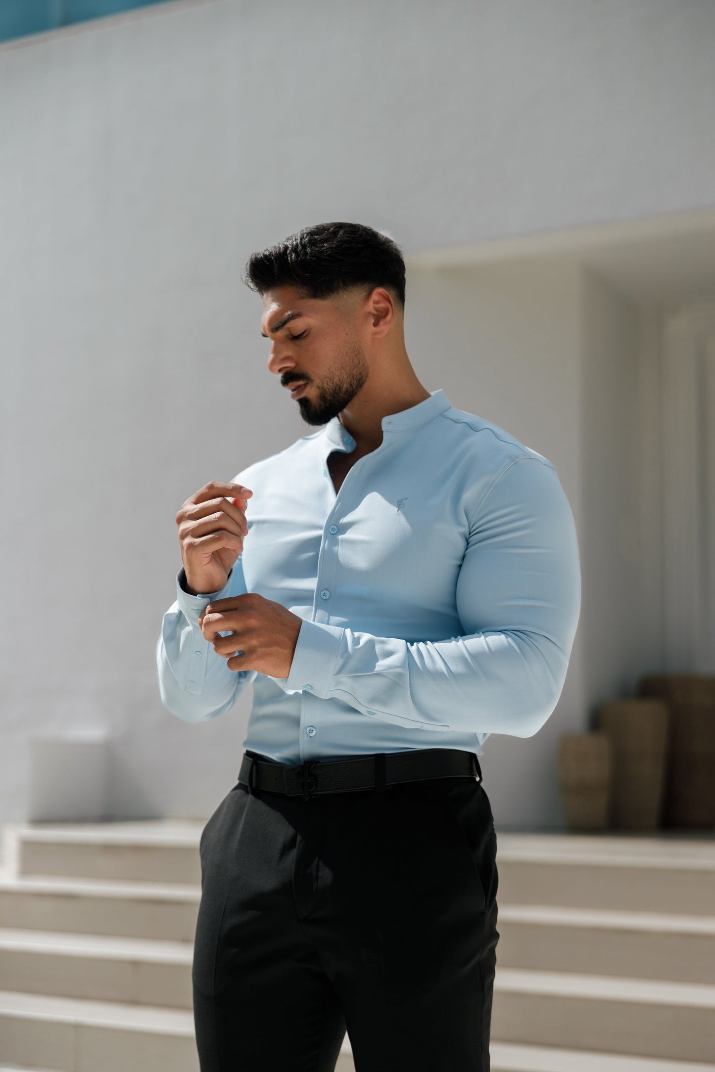 Elevate Your Style with Father Sons Super Slim Light Blue Scuba Stretch Long Sleeve Shirt featuring a Trendy Grandad Collar - FS1002