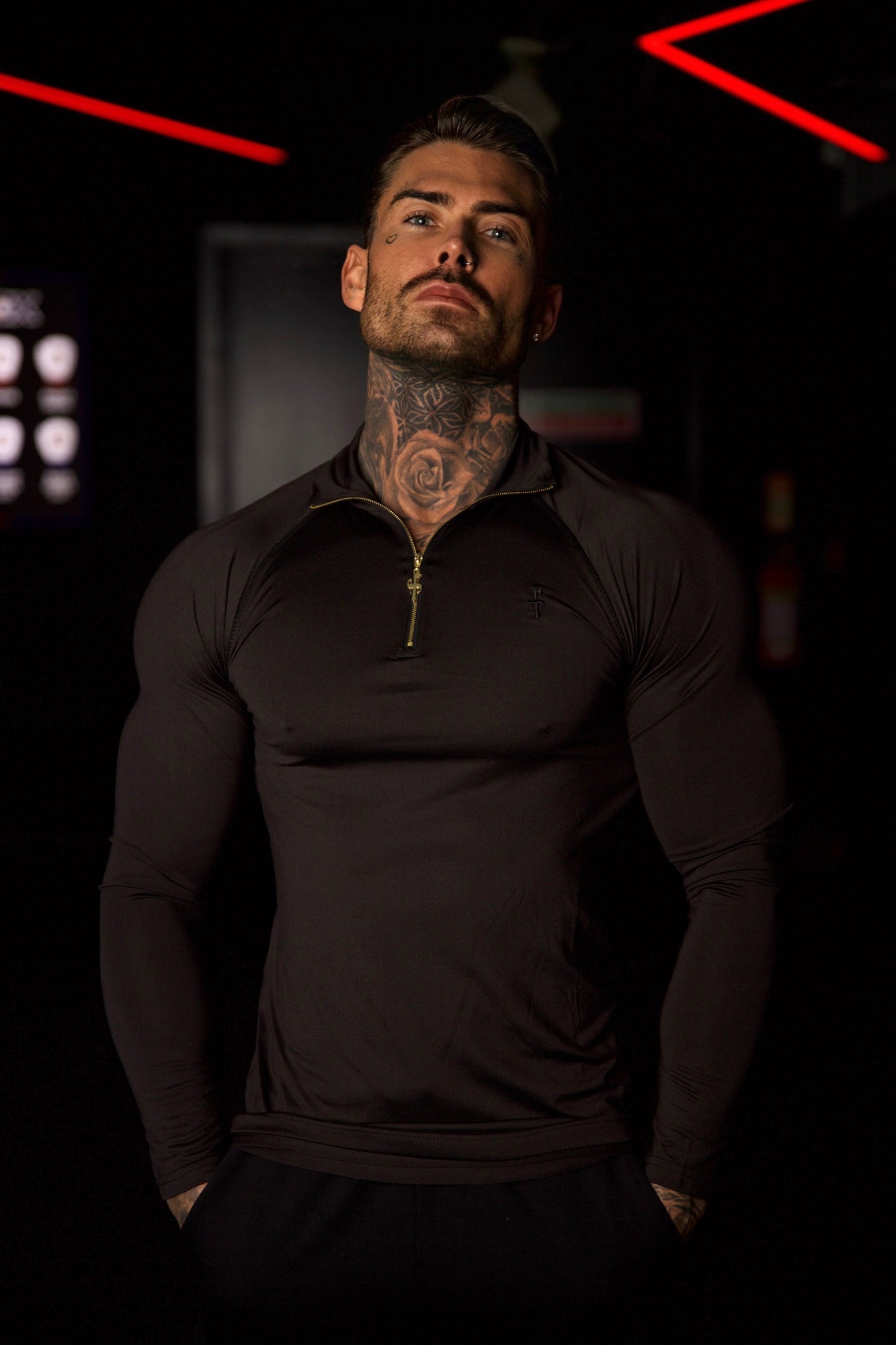 Elevate Your Workout with the Father Sons Solid Black and Gold Half Zip Long Sleeve Gym Top - FSH887