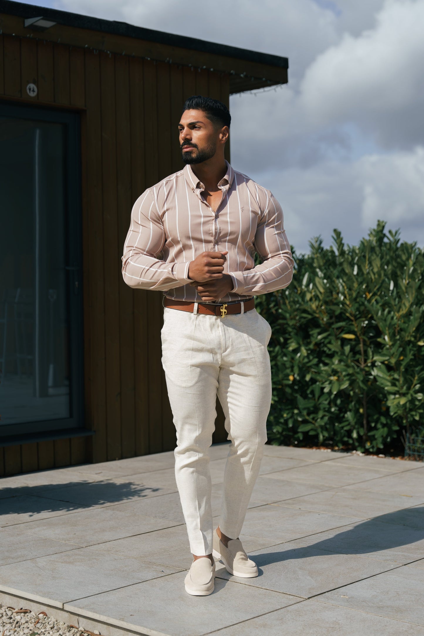 Elevate Your Style: Father Sons Super Slim Stretch Taupe Stripe Long Sleeve Shirt with Button Down Collar - FS1065