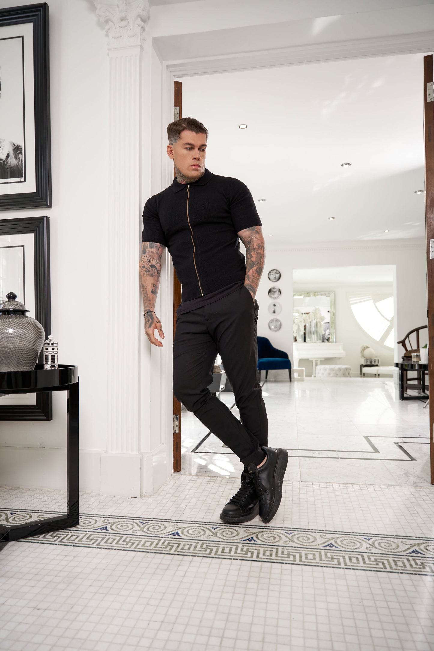 Stylish Black Short Sleeve Zip-Up Knit Sweater with Classic Textured Design - Father Sons Collection - FSN151