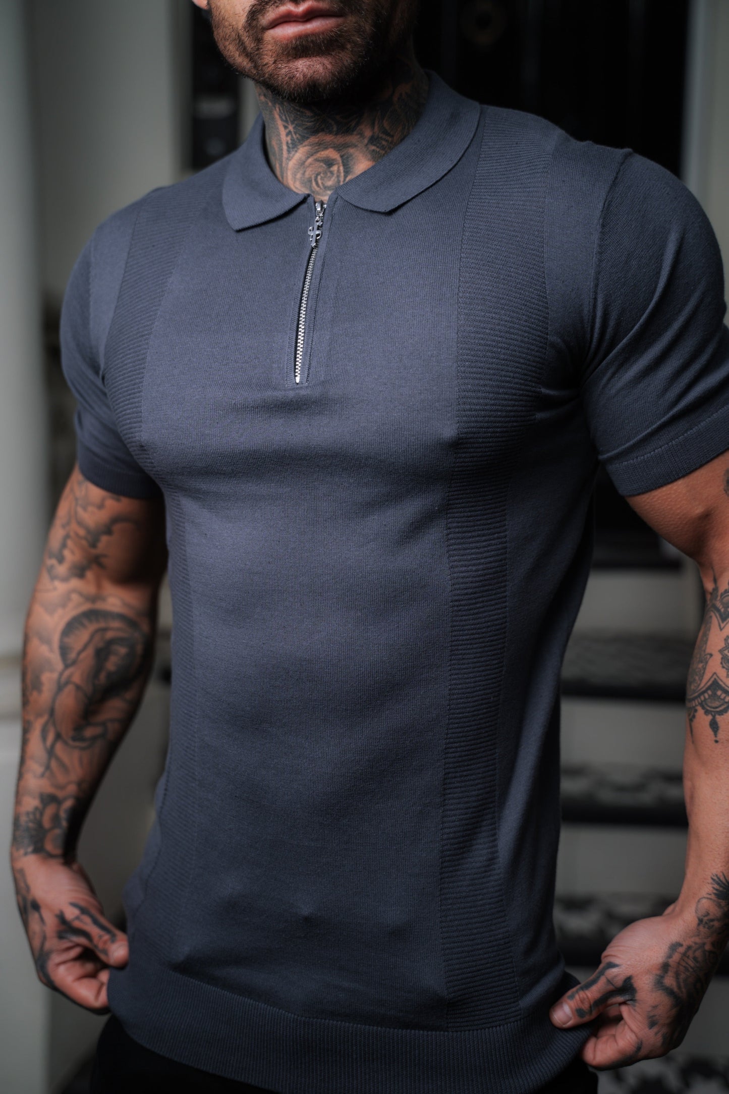 Elevate Your Style with the Father Sons Classic Short Sleeve Zip Polo in Gunmetal and Silver - FSN133