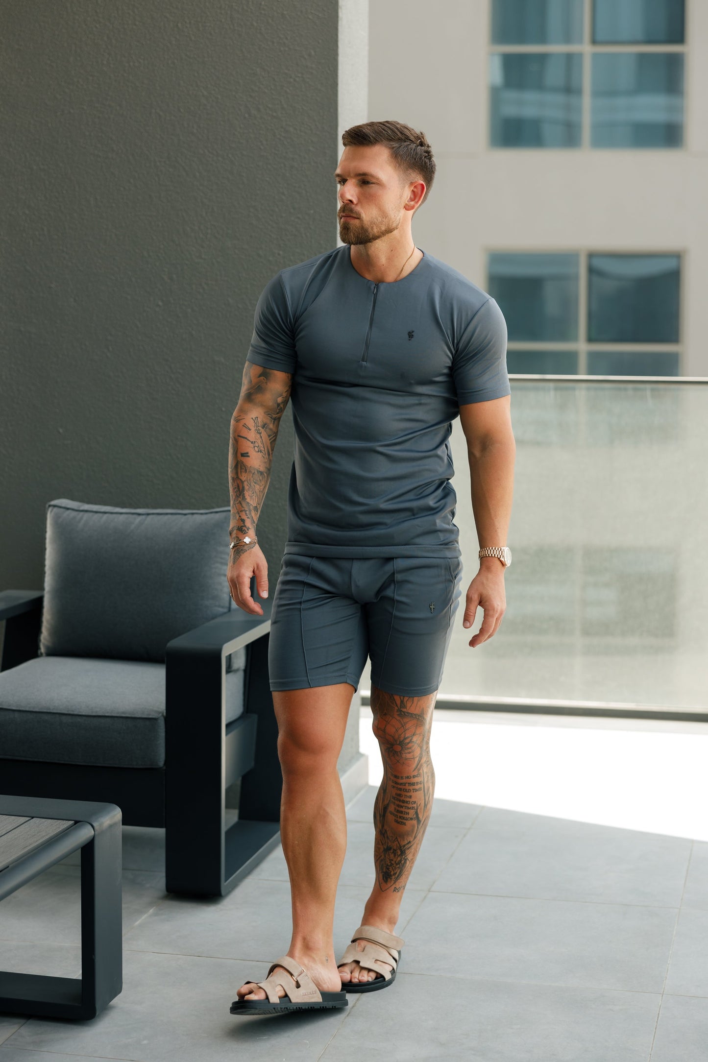 Stylish Charcoal Black Crew T-Shirt with Zip Detail for Men - Father Sons FSH1109