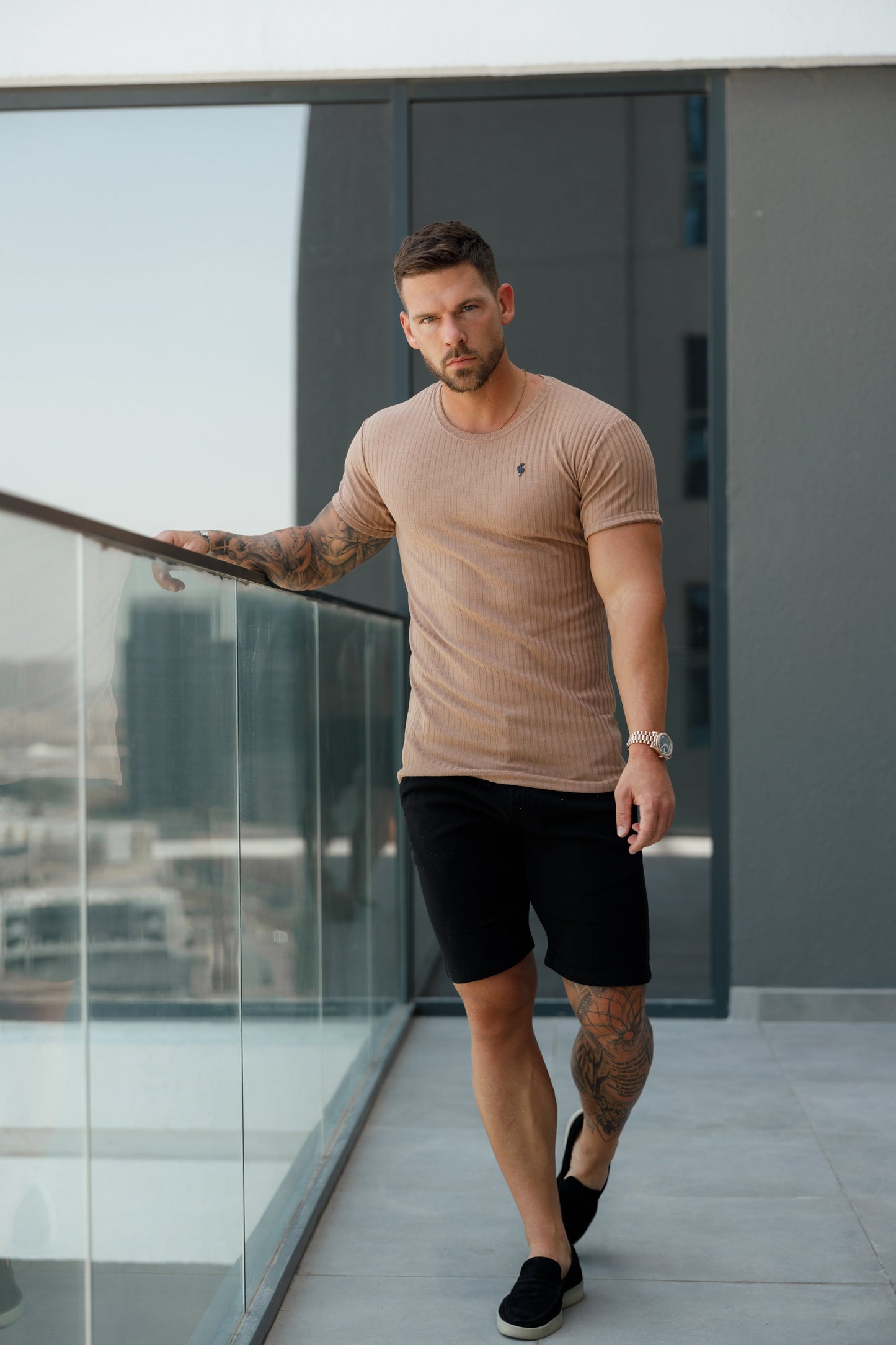 Elevate Your Wardrobe with Father Sons Classic Black Ribbed Knit Super Slim Short Sleeve Crew Tee - FSH1090