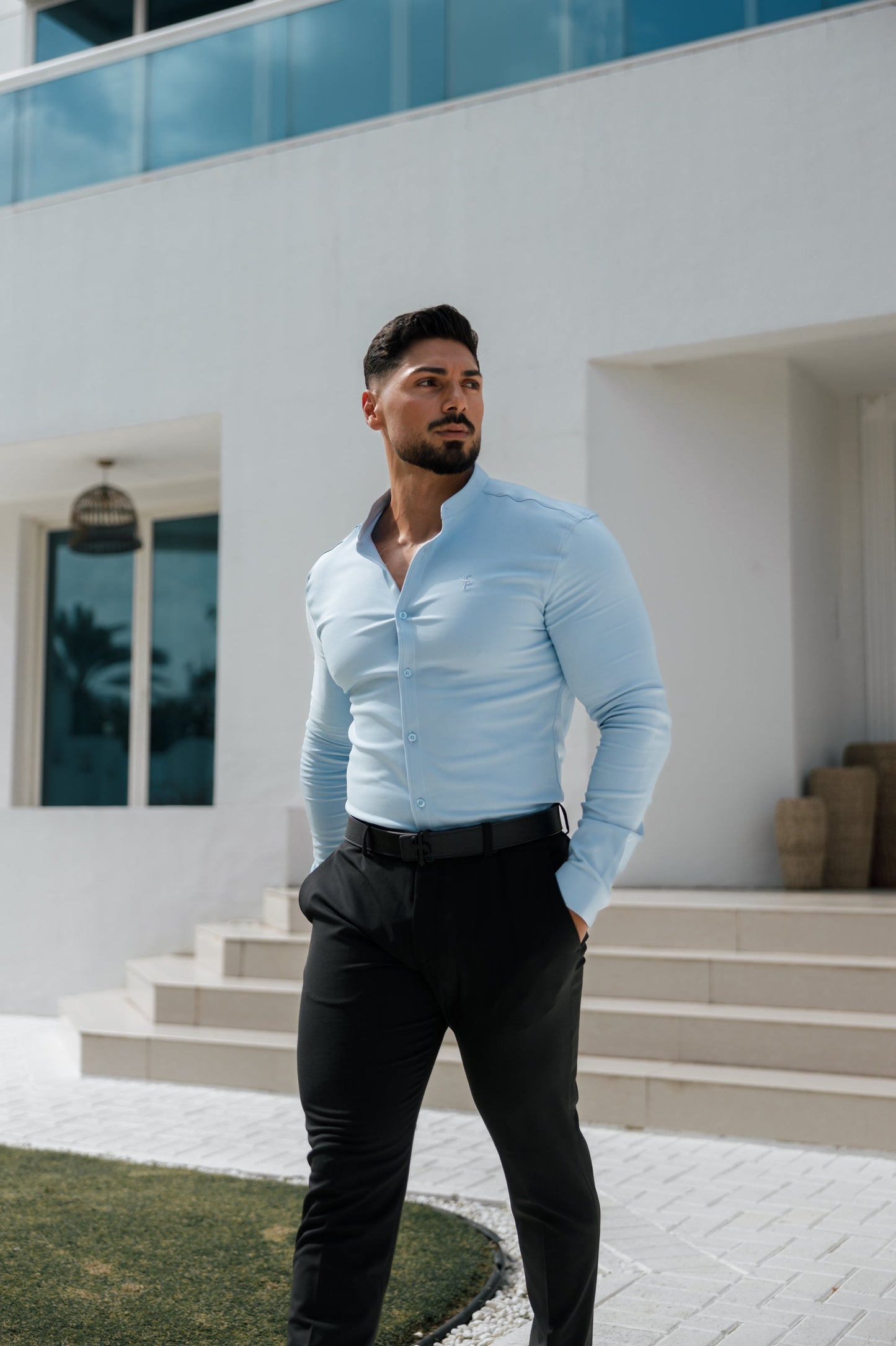 Elevate Your Style with Father Sons Super Slim Light Blue Scuba Stretch Long Sleeve Shirt featuring a Trendy Grandad Collar - FS1002
