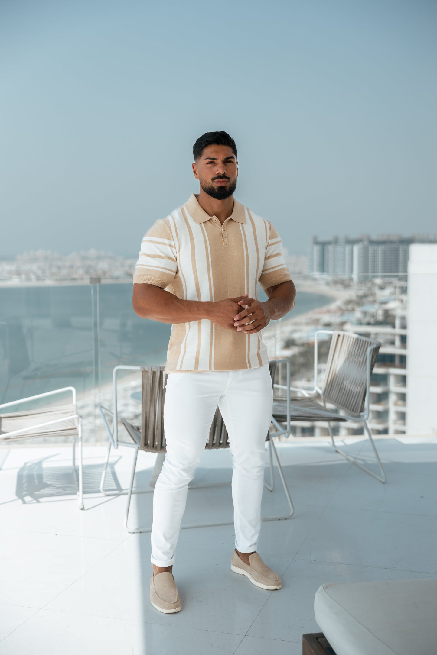 Elevate Your Wardrobe with the Father Sons Chic Beige & Off-White Vertical Stripe Knitted Polo - Short Sleeve Style!