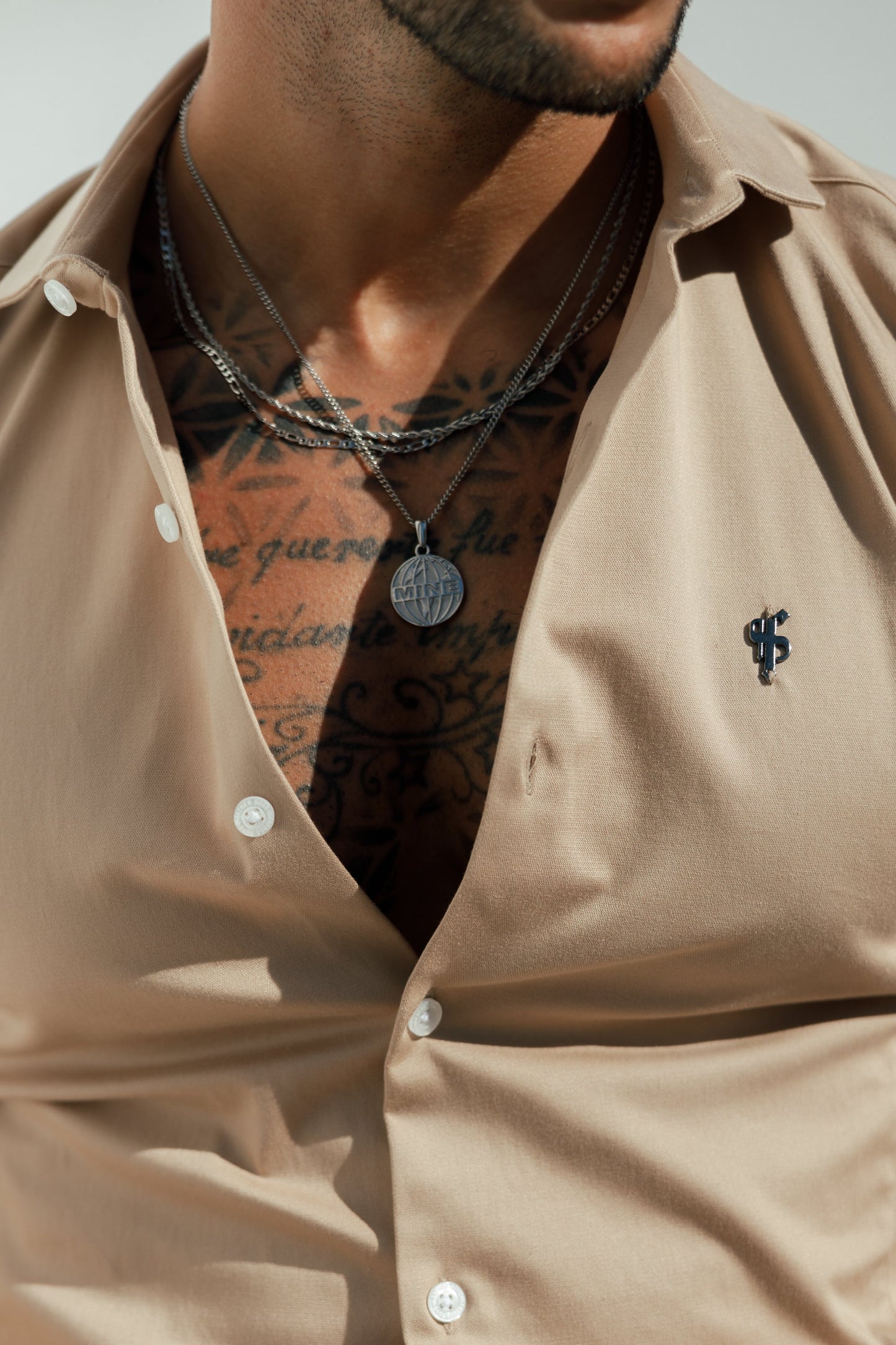 Elevate Your Wardrobe with the Father Sons Super Slim Stretch Vintage Beige Side Panel Long Sleeve Shirt - FS1089