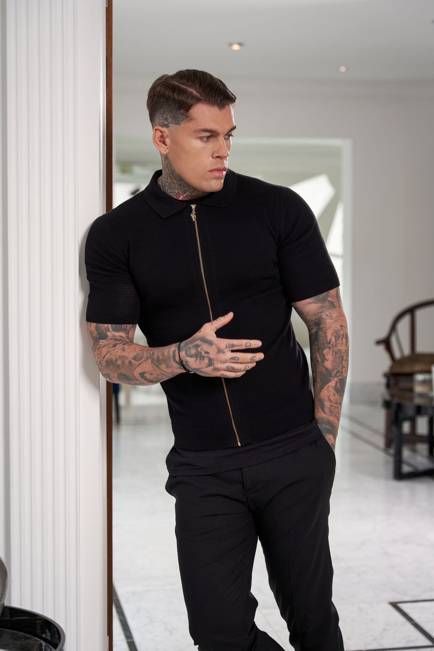 Stylish Black Short Sleeve Zip-Up Knit Sweater with Classic Textured Design - Father Sons Collection - FSN151