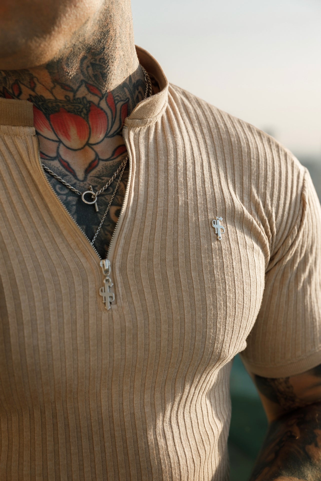 Elevate Your Wardrobe with the Father Sons Classic Beige Ribbed Silver Zip Grandad Collar Short Sleeve Shirt - FSH916