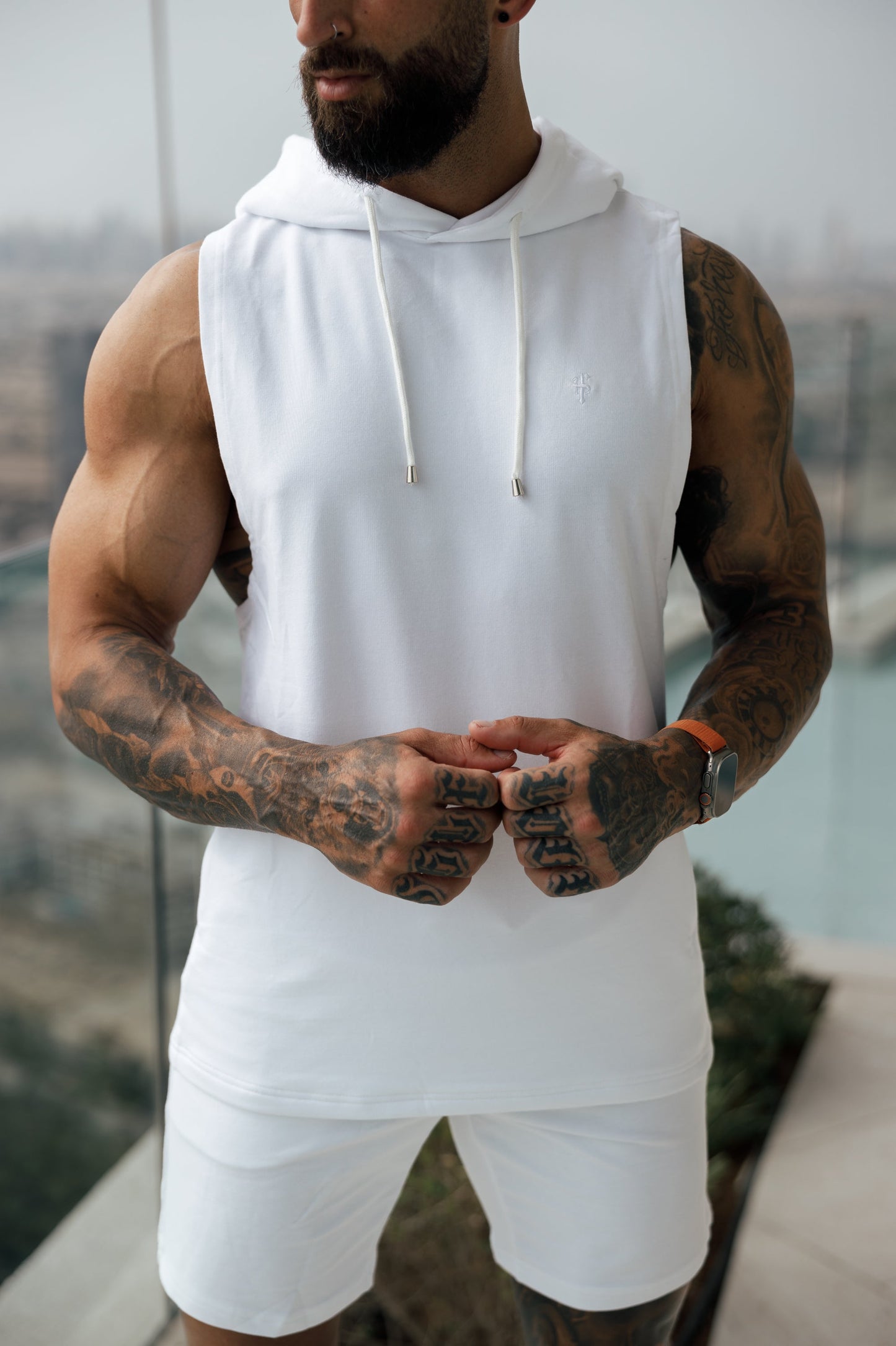Elevate Your Workout with the Father Sons Sleek Sleeveless White Gym Hoodie - FSH897