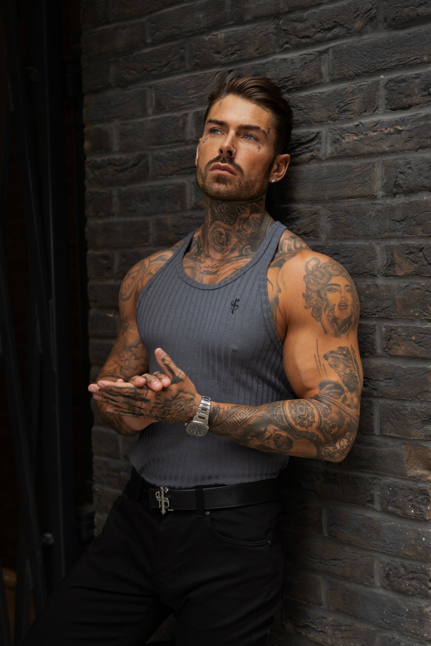 Elevate Your Style with the Father Sons Charcoal & Black Ribbed Knit Super Slim Fit Vest - FSH1021