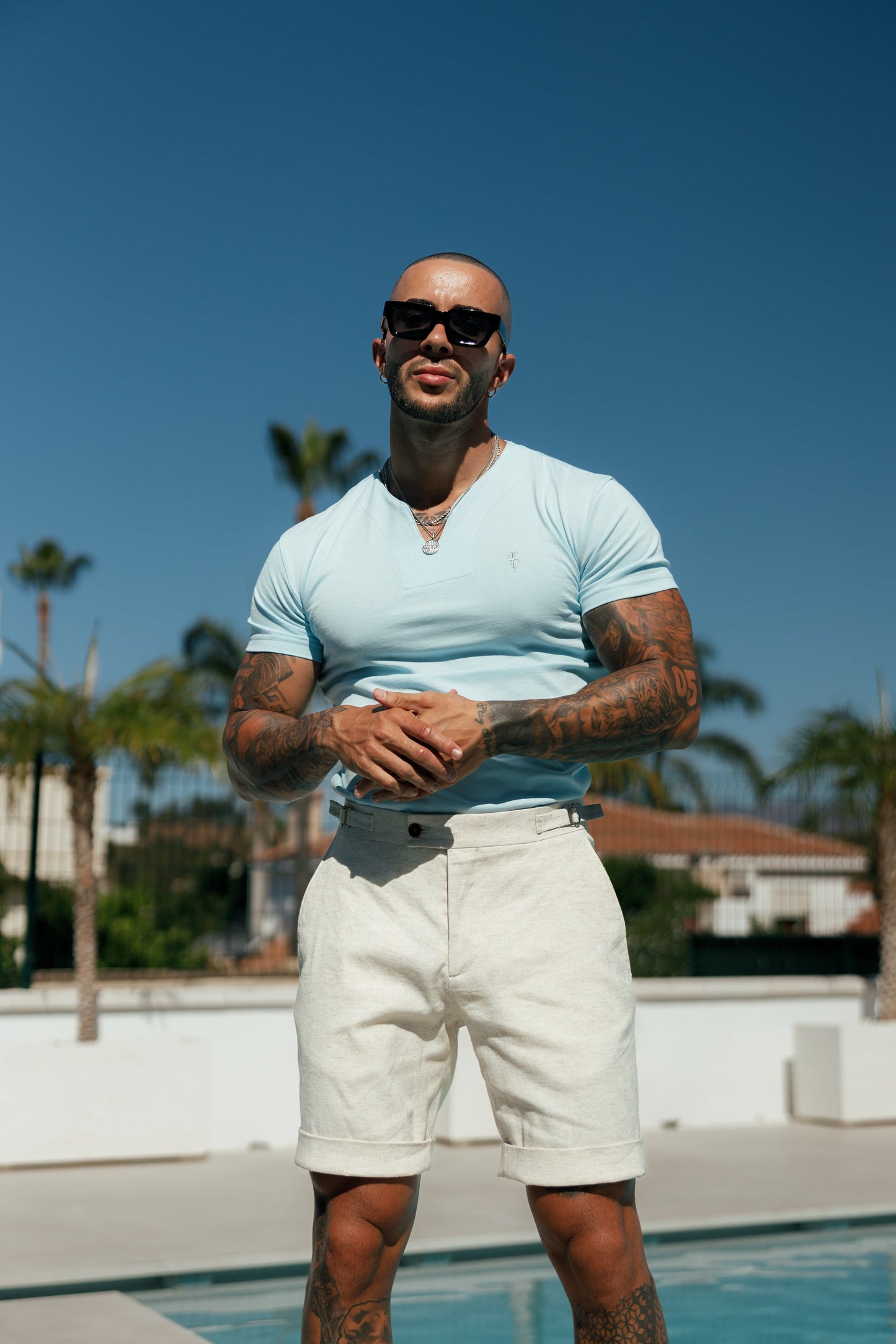 Elevate Your Style: Father Sons Light Blue Advanced V Neck Crew Short Sleeve Tee - FSH1015