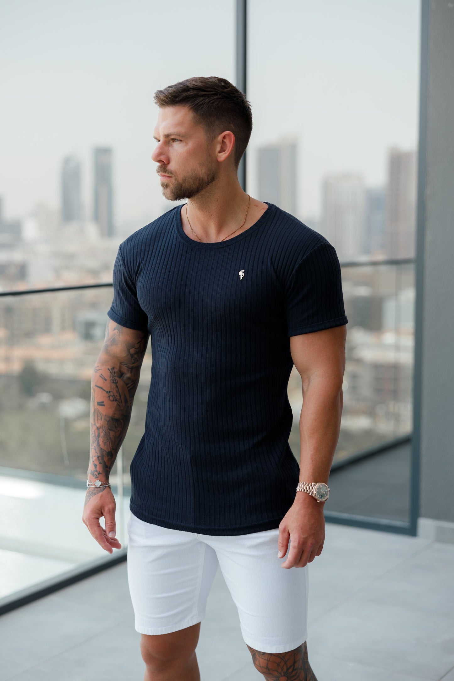Classic Navy & Gold Ribbed Knit Super Slim Fit Short Sleeve Crew for Men - Perfect for Any Occasion!