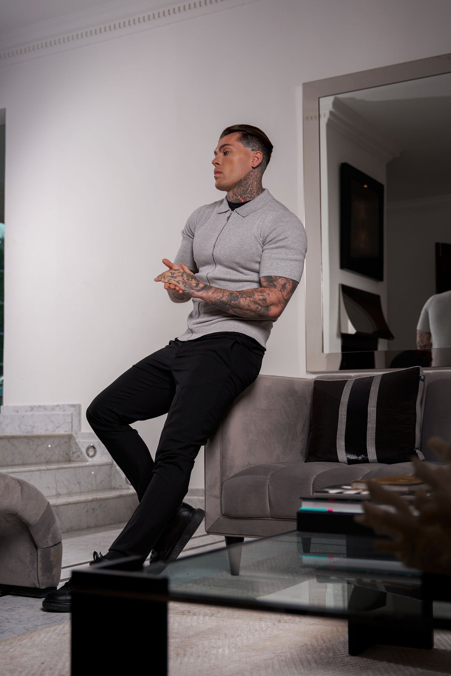 Elevate Your Wardrobe: Father Sons Light Grey Short Sleeve Knit Zip-Up with Chic Textured Design - FSN154