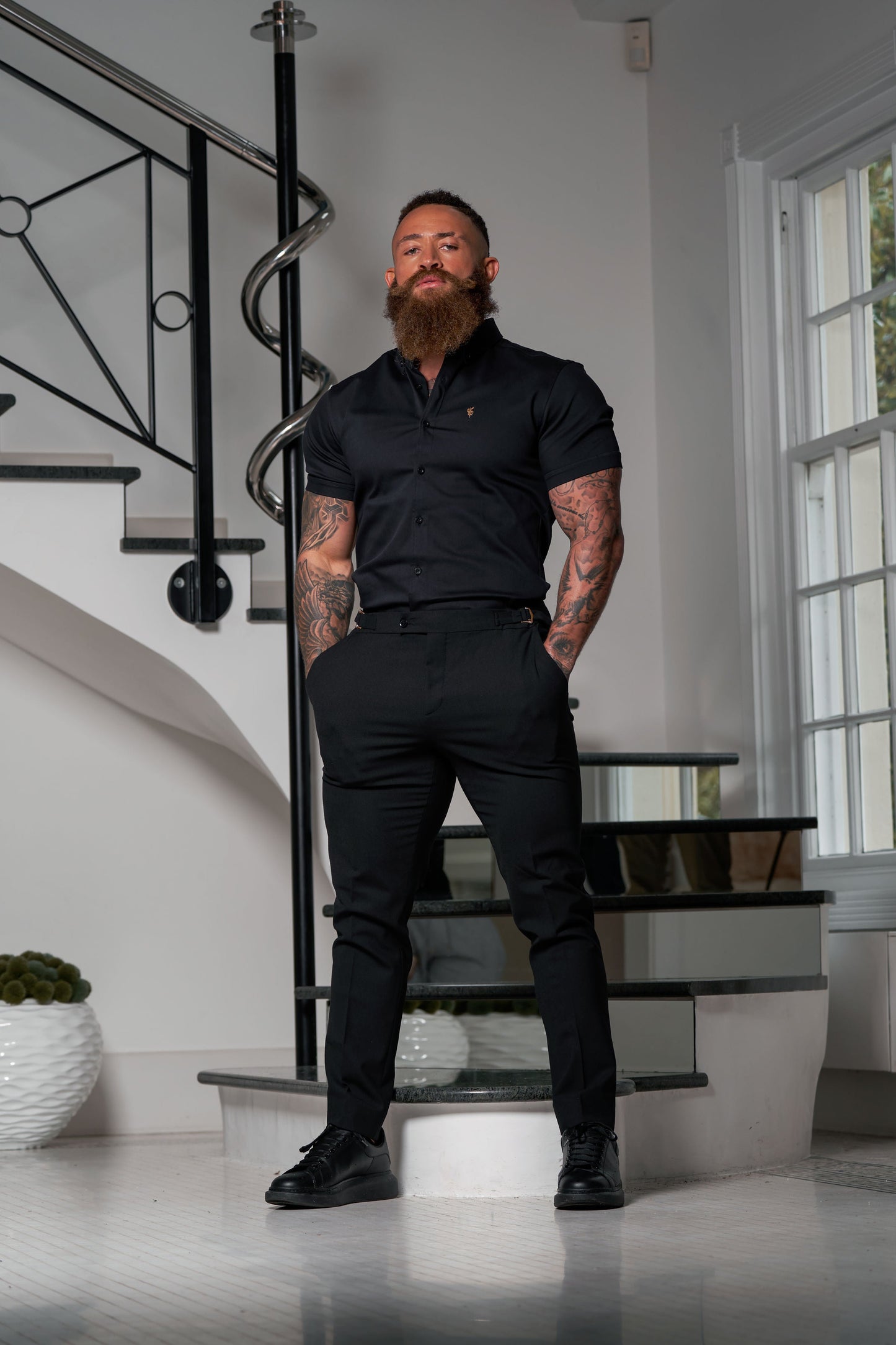 Elevate Your Style with Father Sons Slim Fit Black Stretch Trousers Featuring Luxurious Gold Waist Adjusters - FST018 (Available for Pre-Order Starting September 19th)