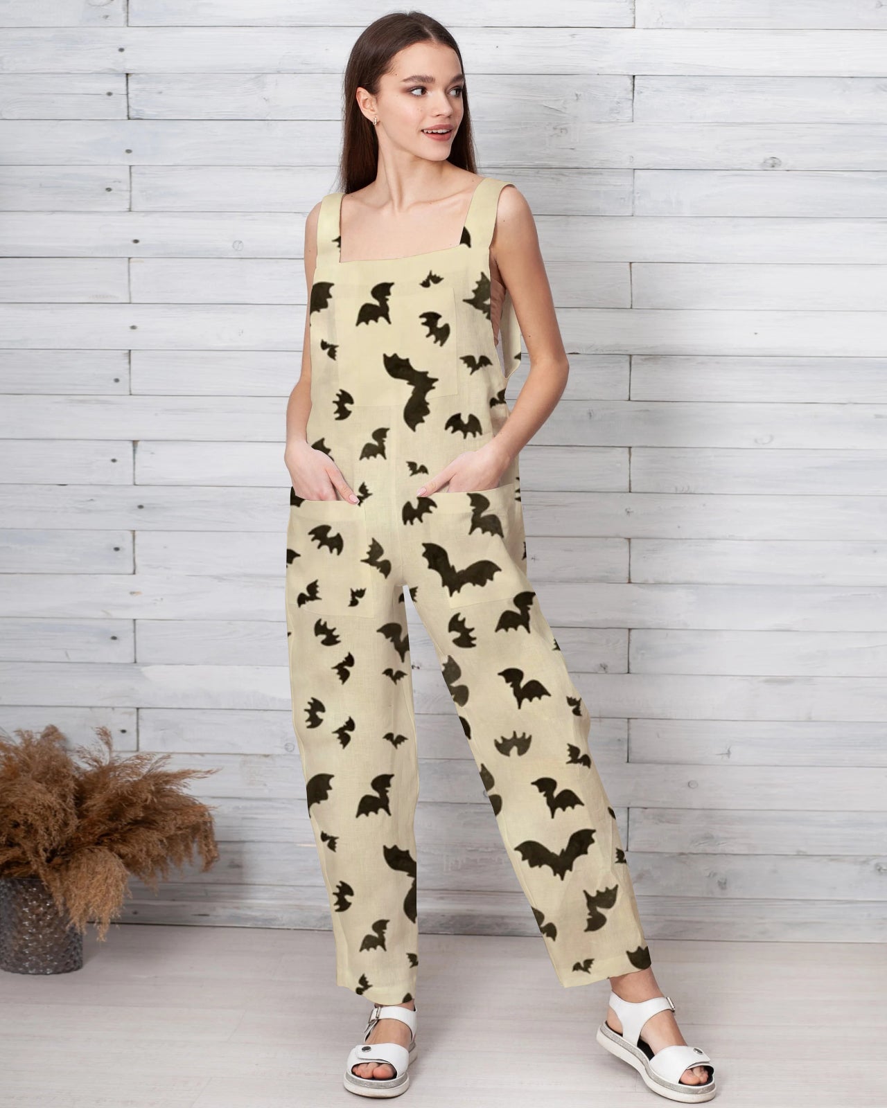Women's Bat Print Loose Cotton and Linen Jumpsuit