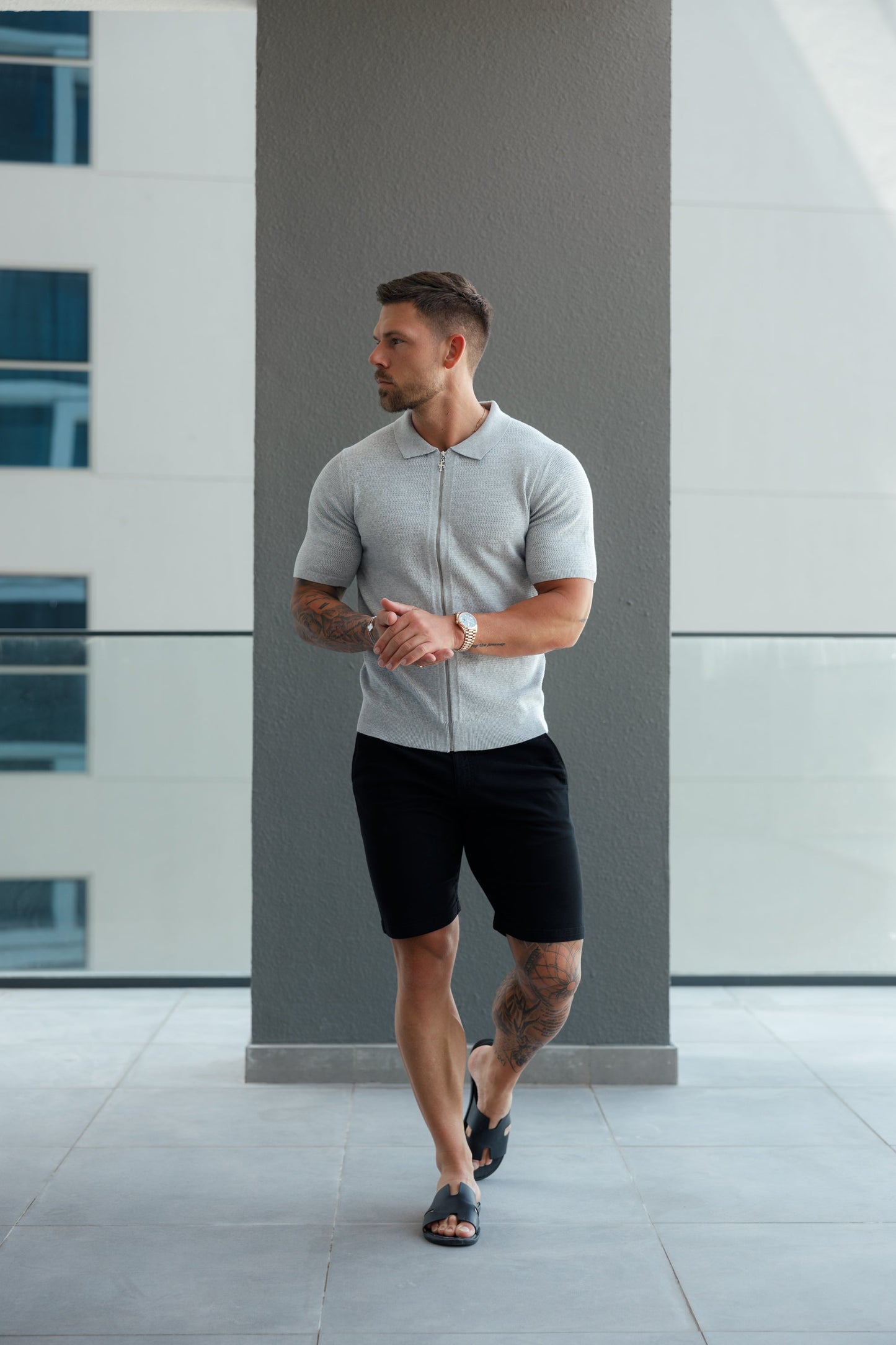 Elevate Your Wardrobe: Father Sons Light Grey Short Sleeve Knit Zip-Up with Chic Textured Design - FSN154