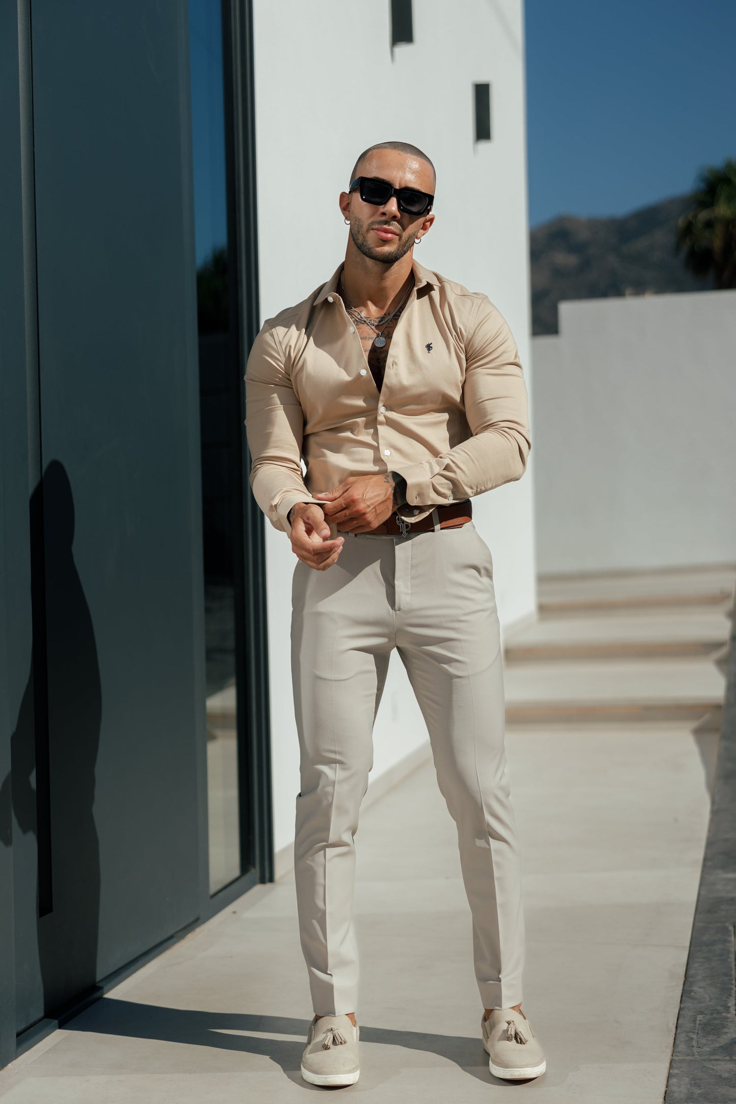 Elevate Your Wardrobe with the Father Sons Super Slim Stretch Vintage Beige Side Panel Long Sleeve Shirt - FS1089