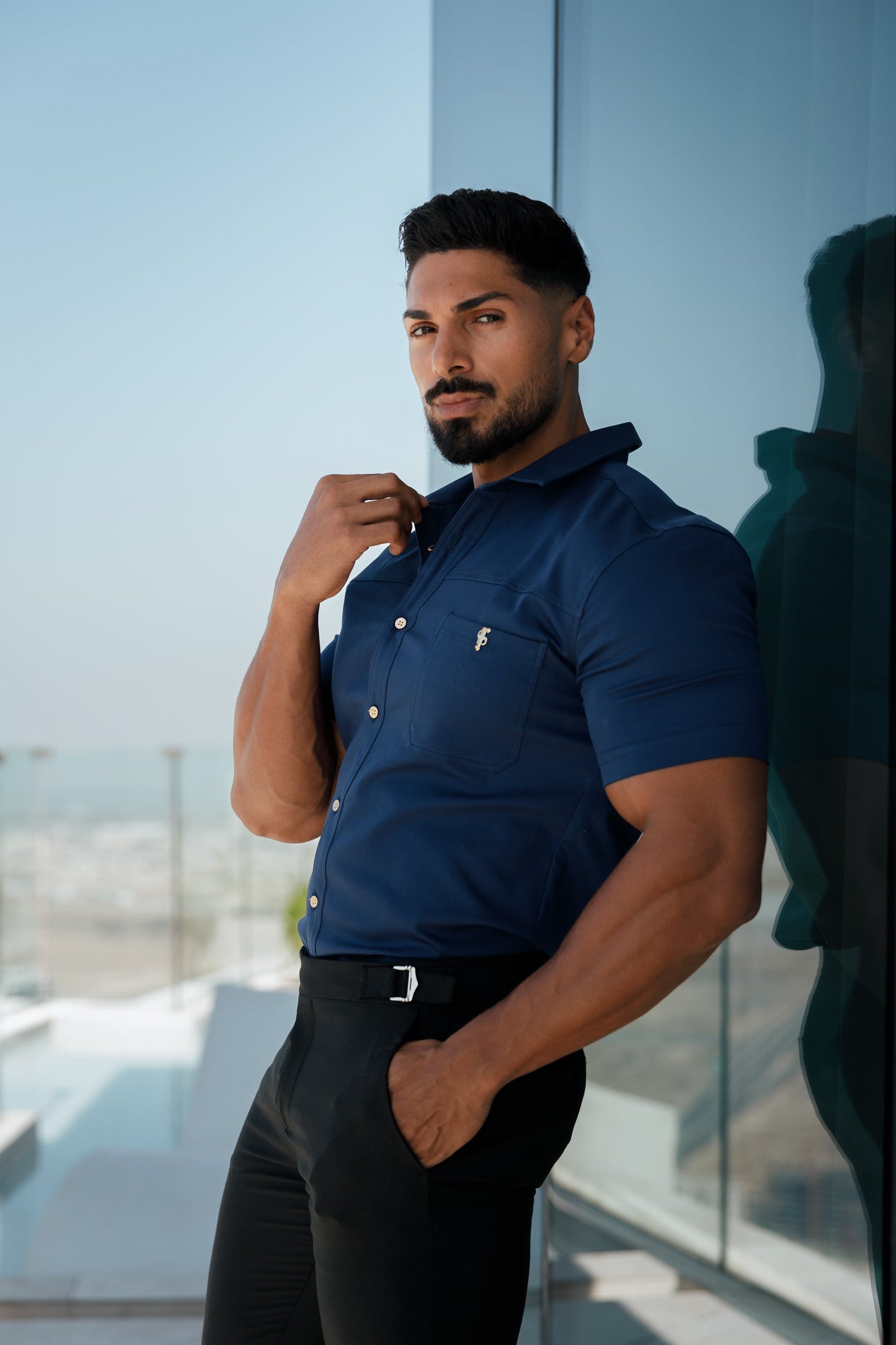 Father Sons Ultra-Sleek Navy Denim Short Sleeve Shirt with Stylish Horizontal Seam and Pocket - FS959