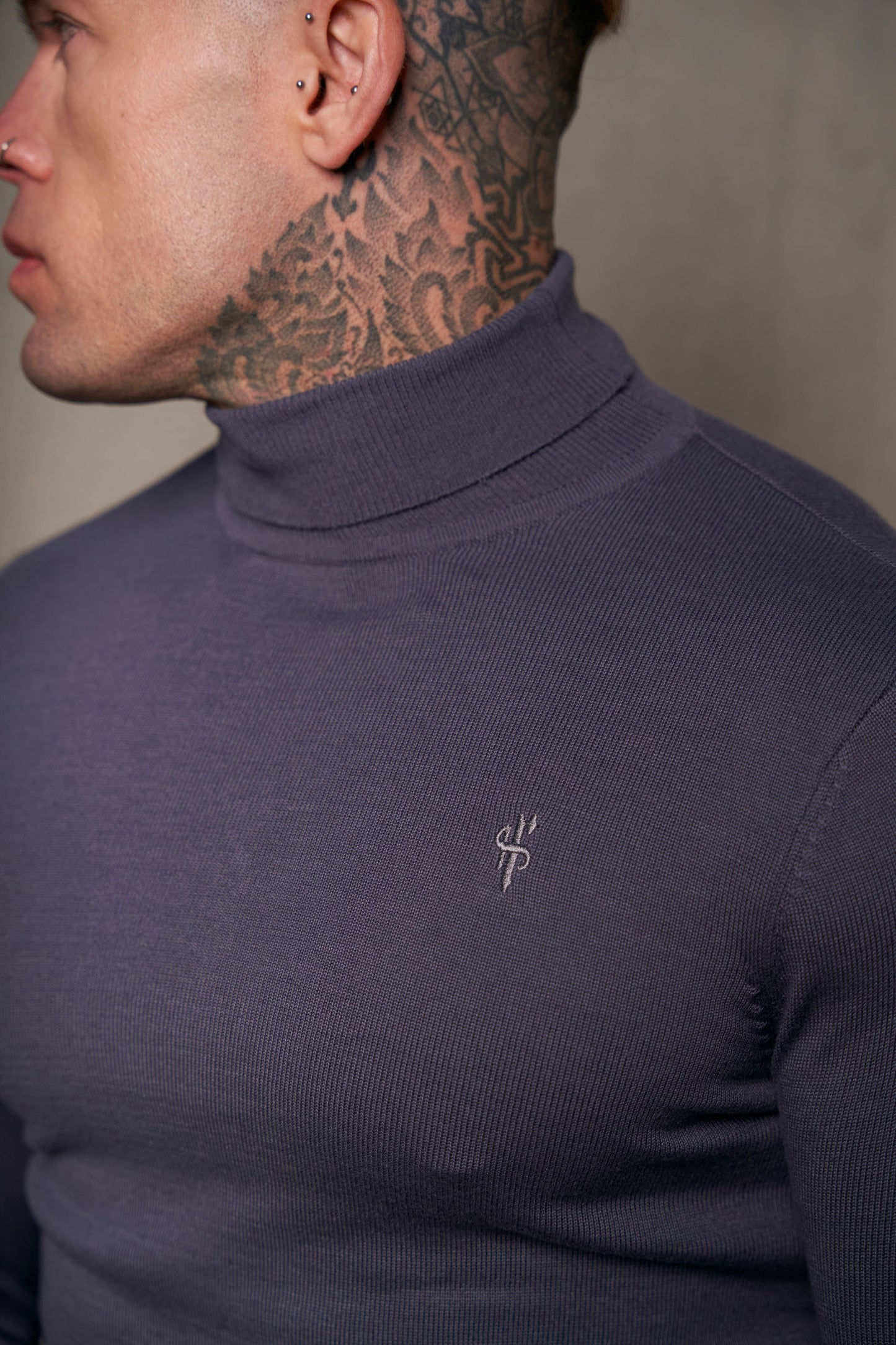 Elevate Your Style: Father Sons Classic Gunmetal Roll Neck Knit Sweater with Subtle Emblem - FSN137