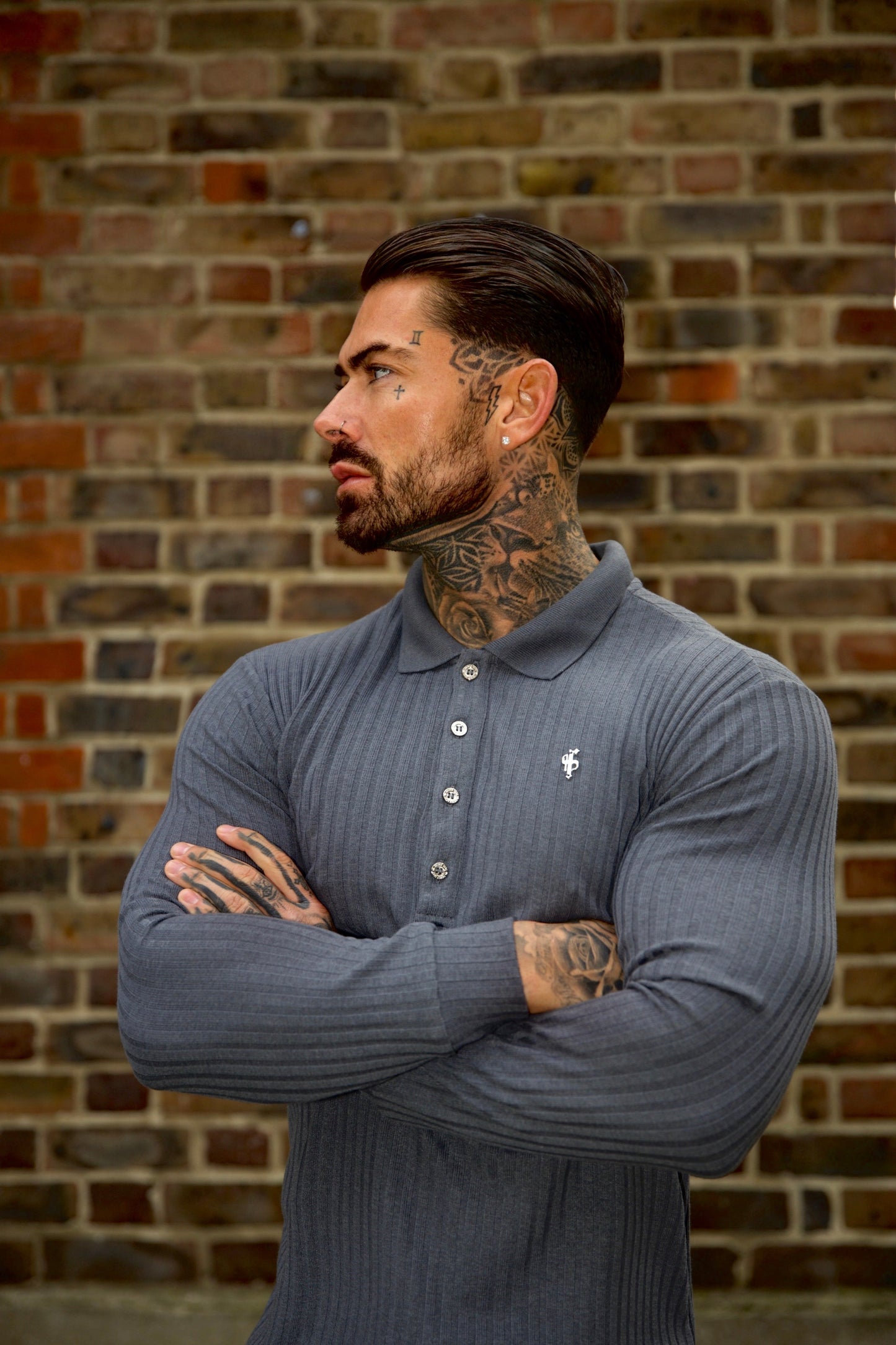 Elevate Your Style: Classic Charcoal Long Sleeve Ribbed Polo Shirt with Silver Accents by Father Sons - FSH971