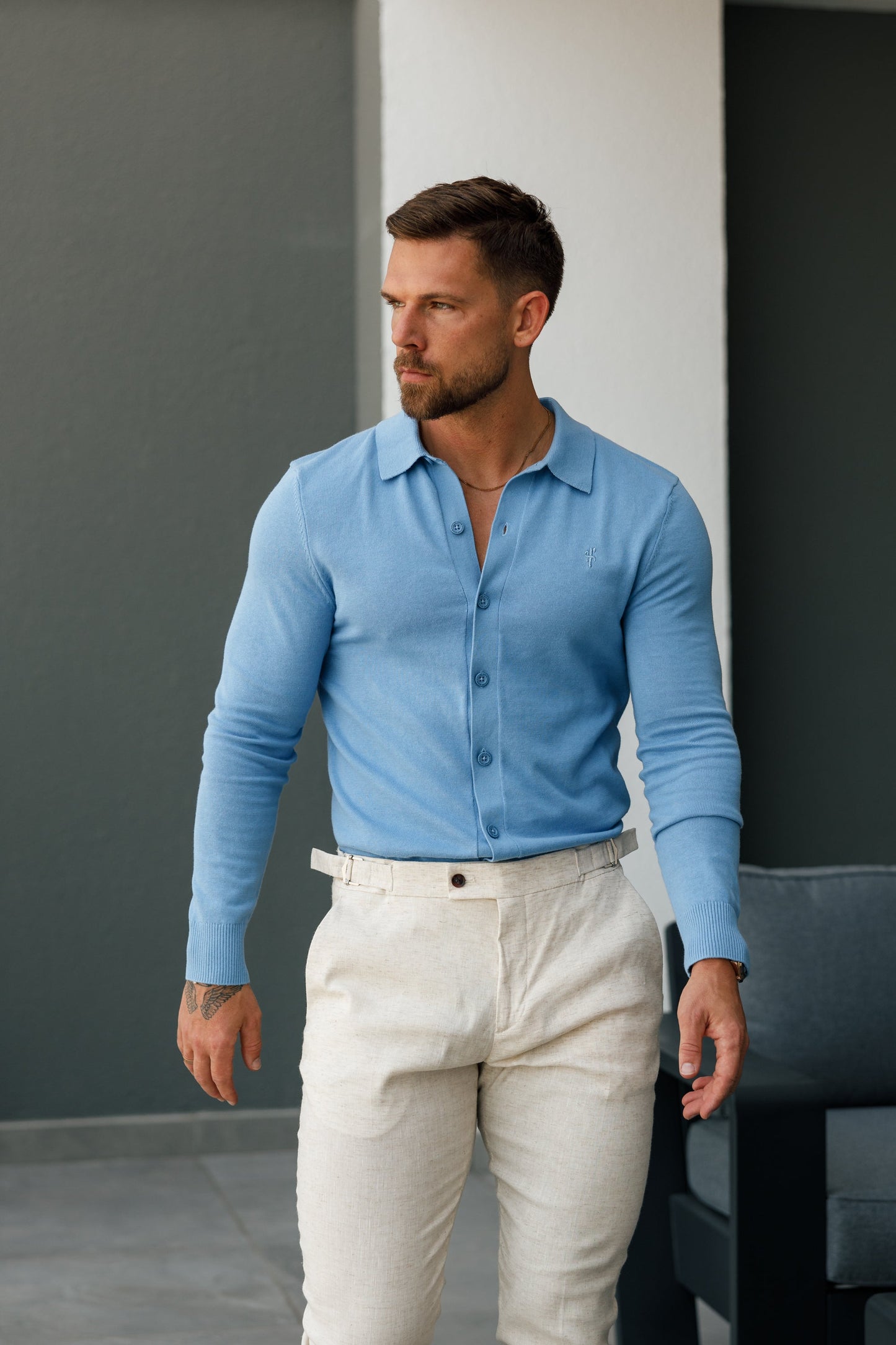 Elevate Your Wardrobe with the Father Sons Light Blue Knitted Long Sleeve Polo – Timeless Style & Comfort!
