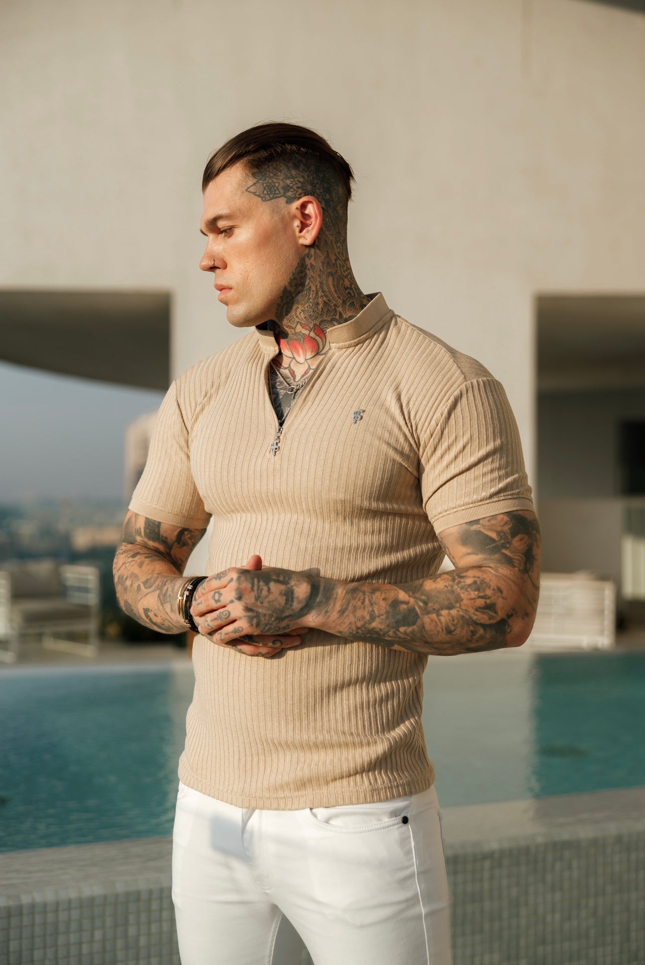 Elevate Your Wardrobe with the Father Sons Classic Beige Ribbed Silver Zip Grandad Collar Short Sleeve Shirt - FSH916