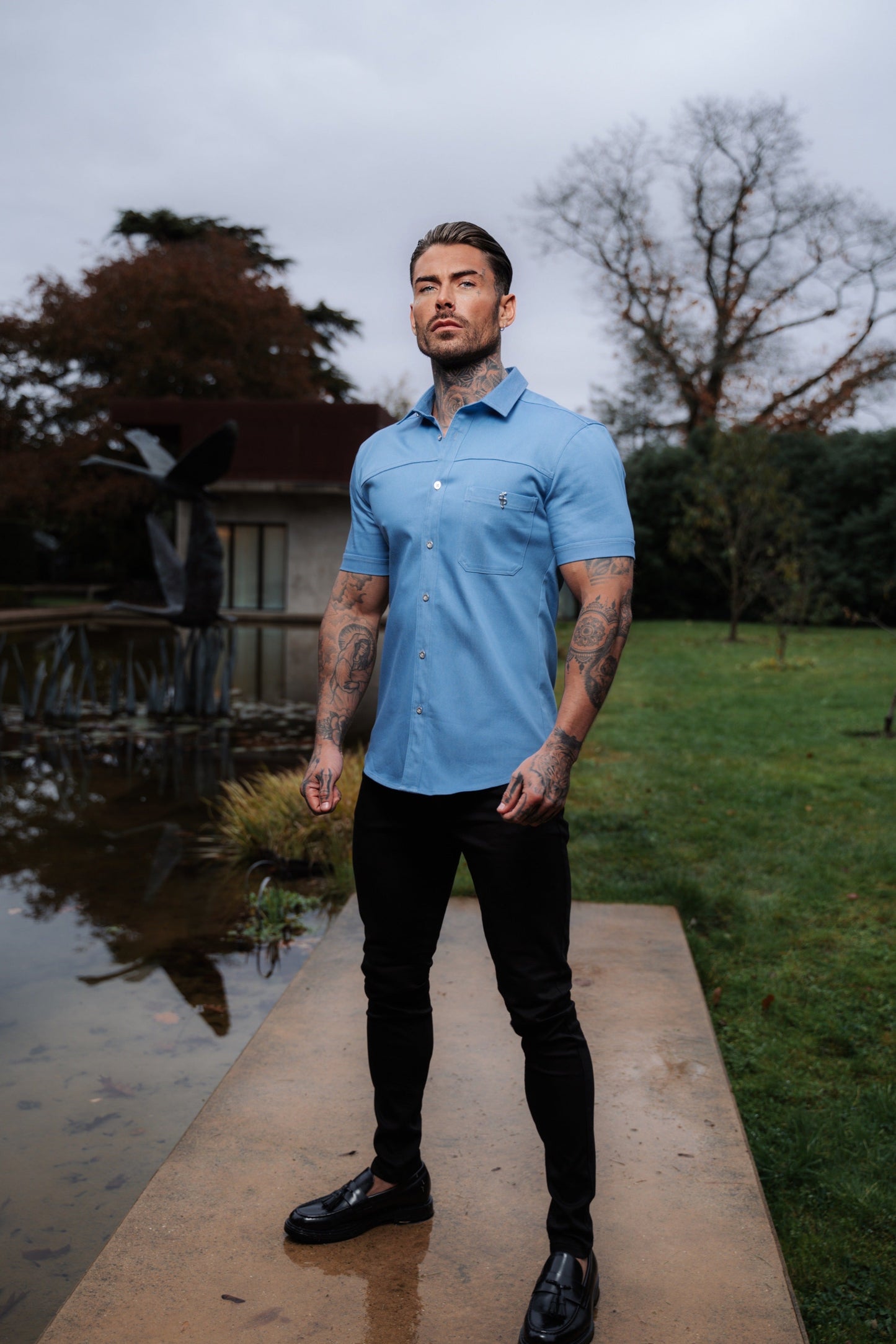 Elevate Your Style with Father Sons Super Slim Stretch Light Blue Denim Short Sleeve Shirt Featuring Horizontal Seam and Pocket - FS957